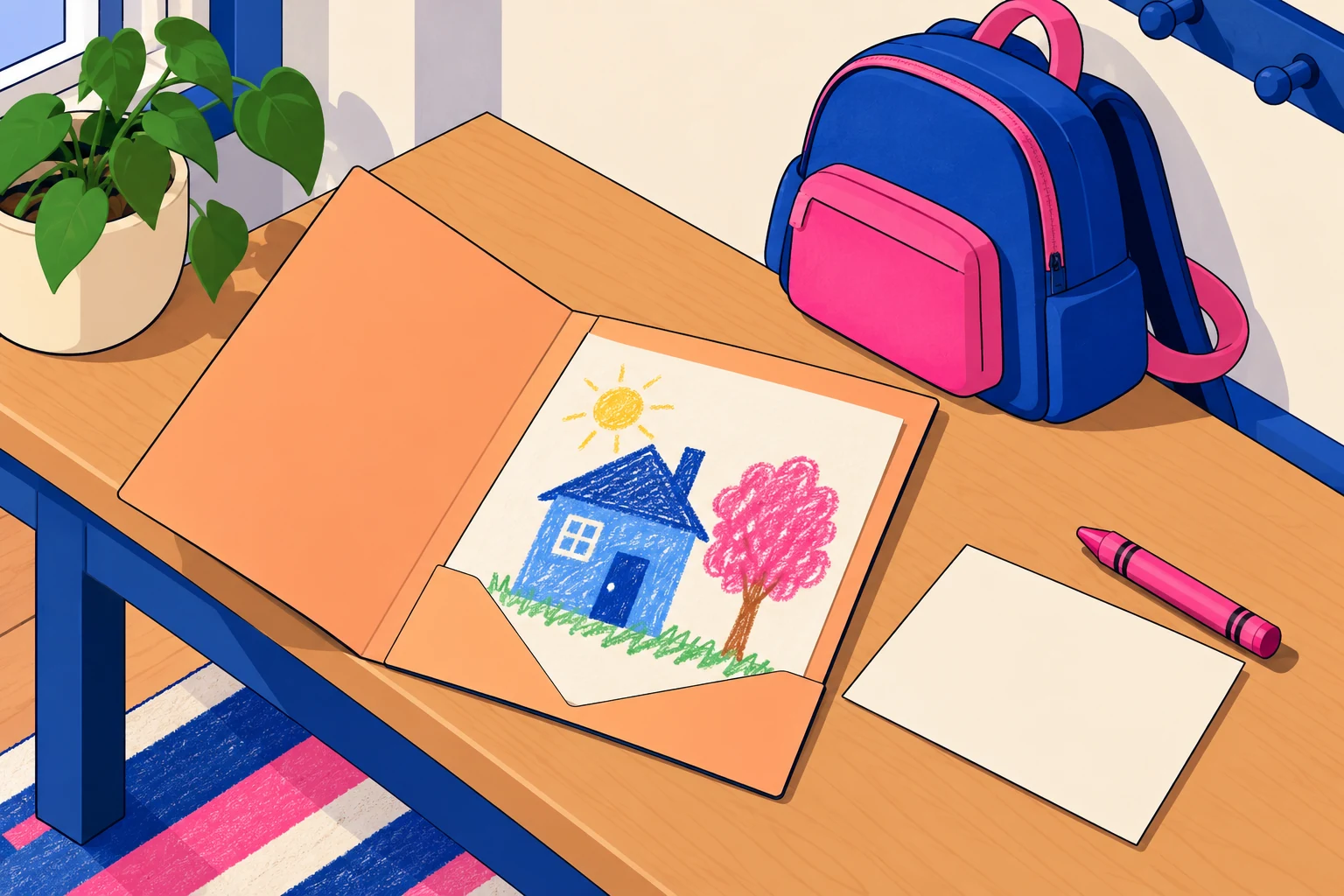 Send one useful conversation prompt An open folder holds a drawing of a blue house and pink tree beside a blank note card, crayon and closed backpack.