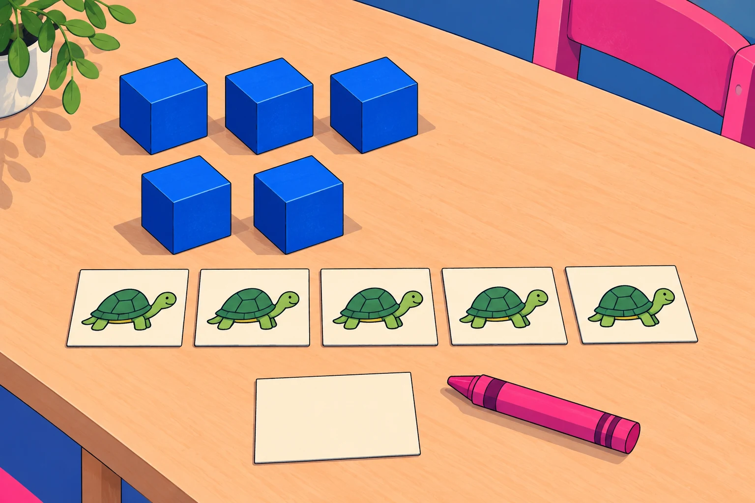 Connect representations of the same quantity Five blue cubes in a three-and-two arrangement sit beside five turtle picture cards and a blank note card.