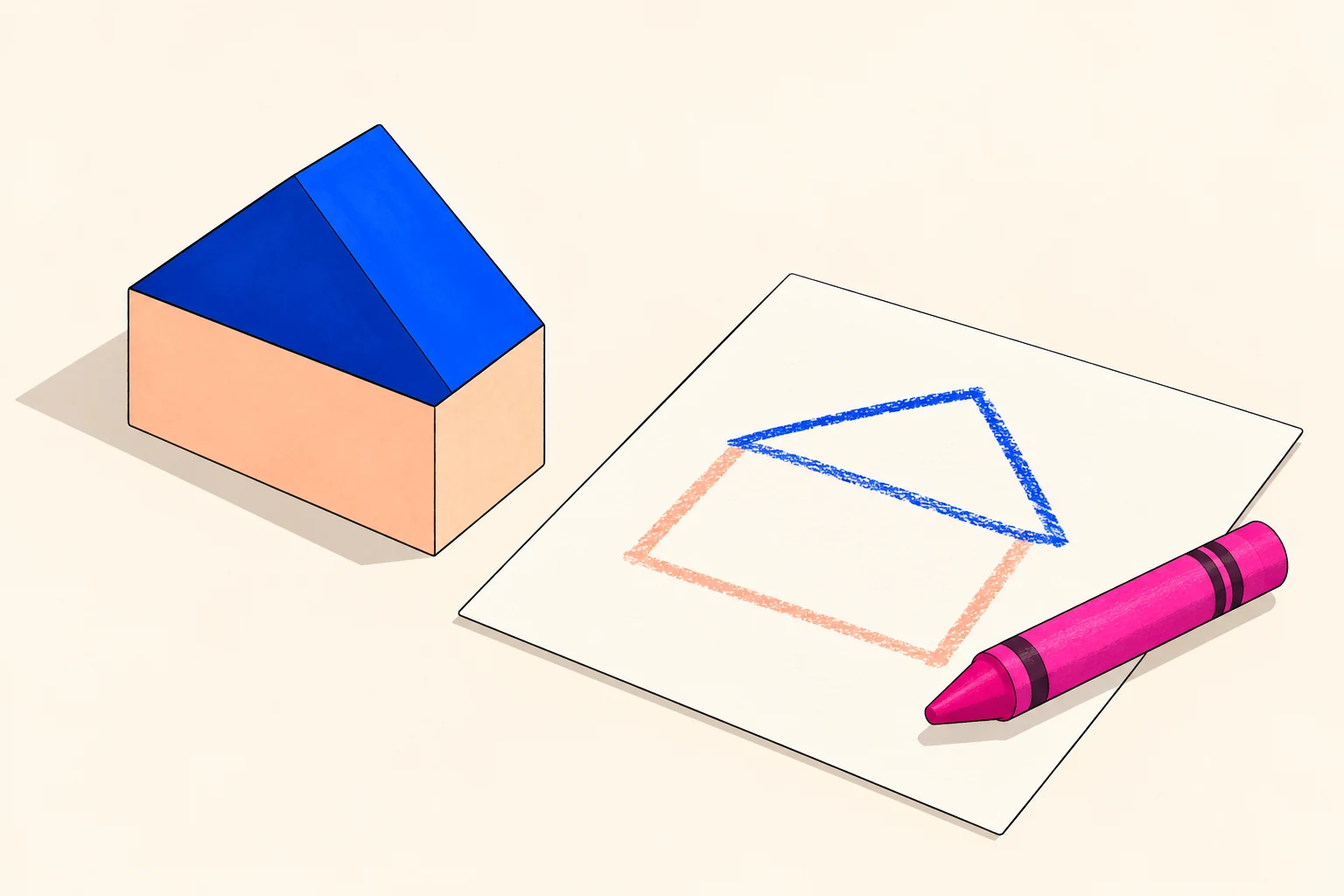 A sketch can respond to construction A low peach house base with a blue roof sits beside a matching outline plan and fuchsia crayon.