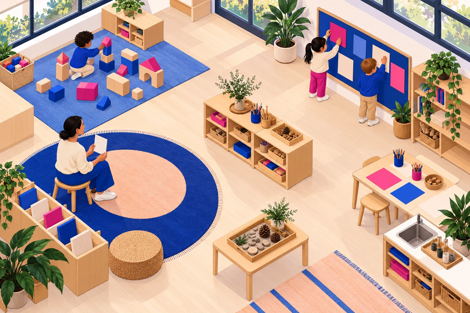 Arrange several ways to show an idea An isometric classroom places a teacher with paper at lower left, a child building at upper left and two children arranging cards at upper right.