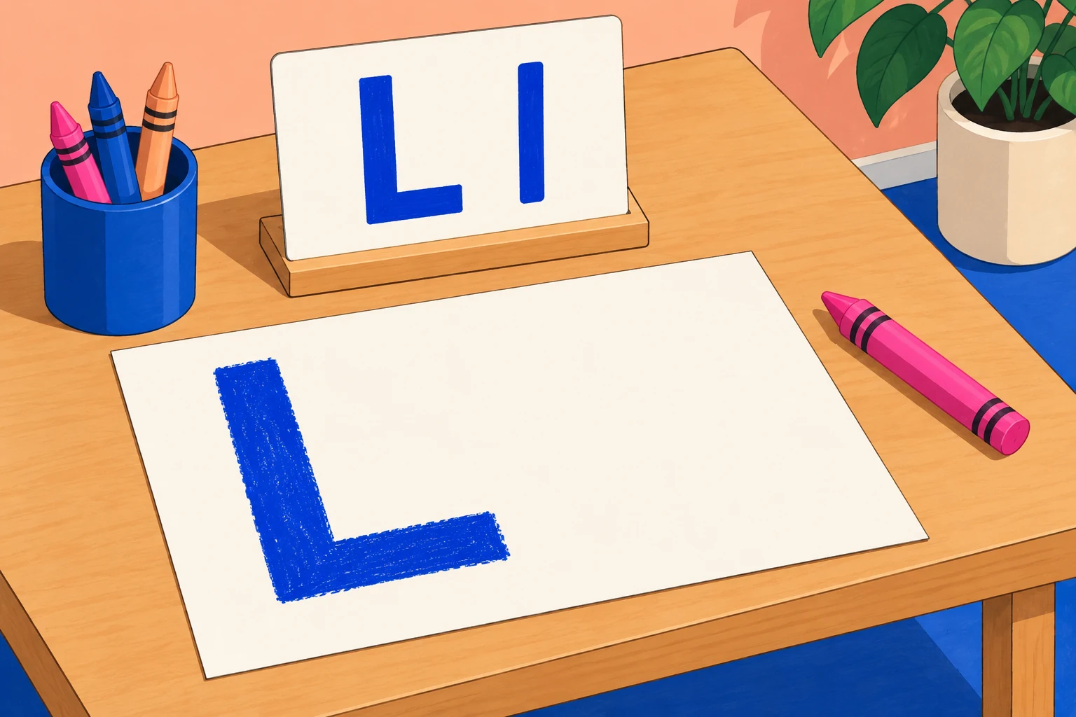 Keep the taught form available An Ll model card stands above a large blue uppercase L on paper beside a fuchsia crayon.