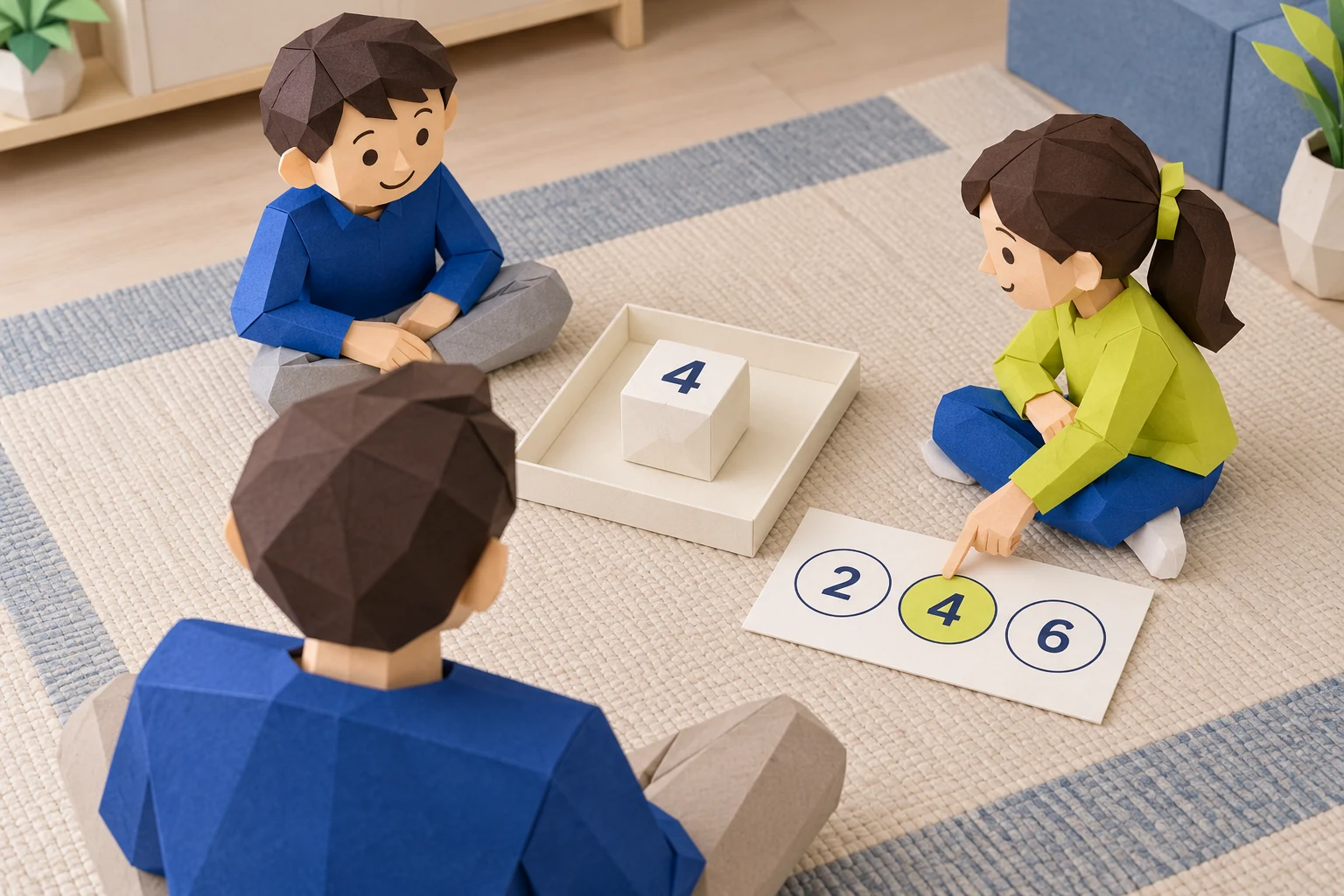 Two children and a parent sit around a tray with a cube showing four while one child points to a matching four on a card.
