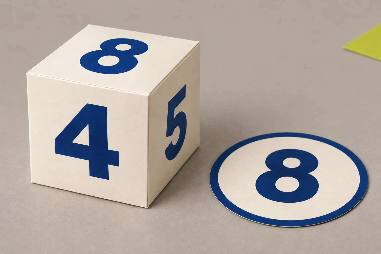 A paper cube shows eight on top, four on the front and five at the side beside a circular card labelled eight.
