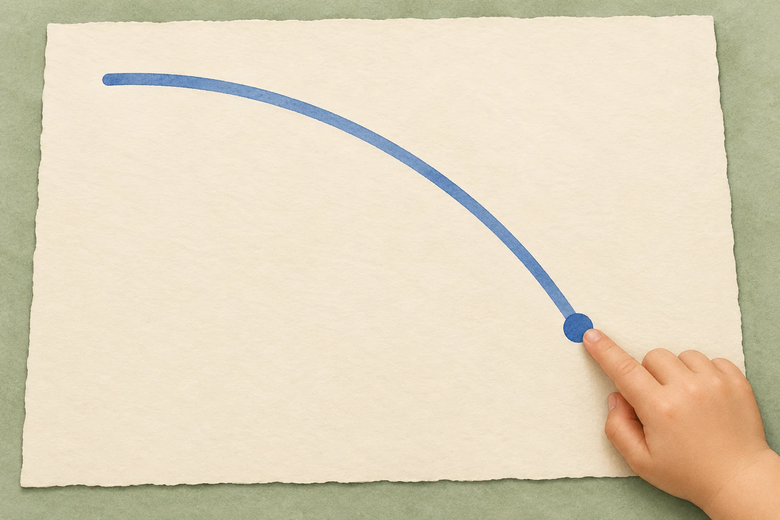 Find the starting cue before following the route A child’s index finger rests beside a blue dot at the lower-right beginning of a broad curved blue route.