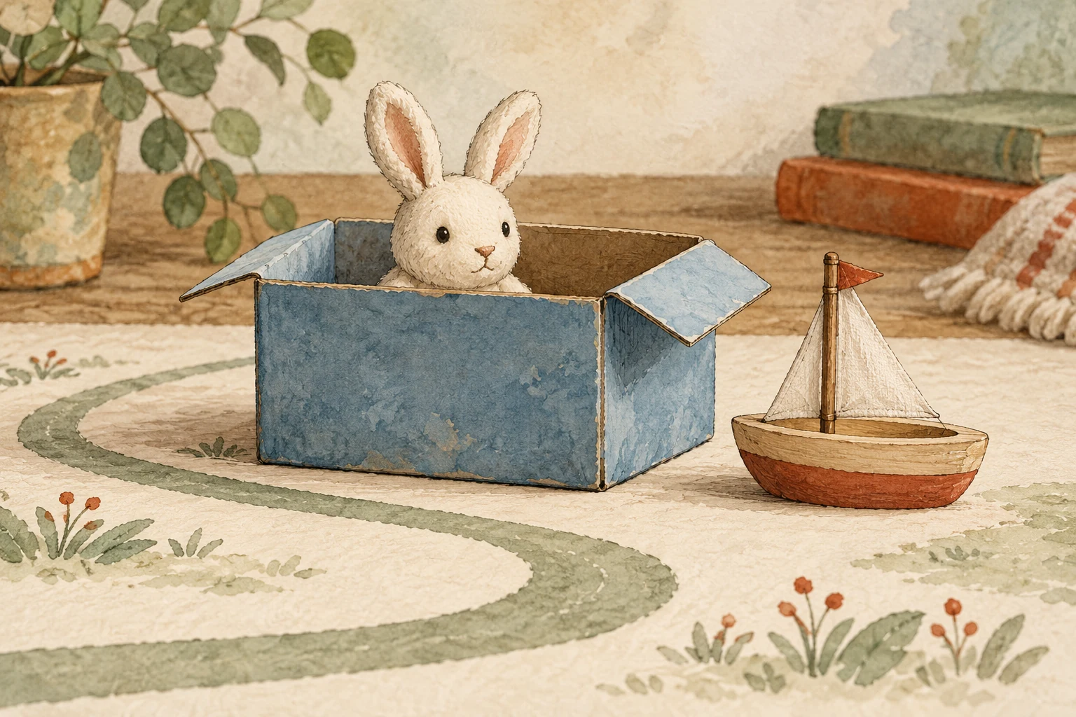 Compare inside with beside using visible props A toy rabbit sits inside an open blue box while a toy sailboat rests outside beside its right edge.