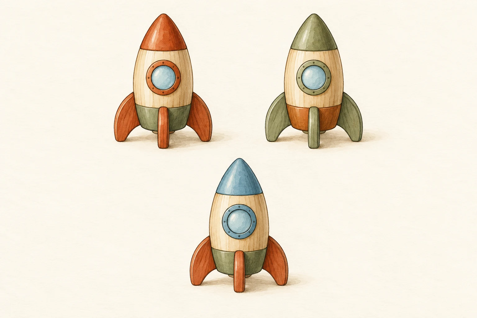 Make above and below visible with separate props Two wooden toy rockets sit above a third rocket against a cream background.