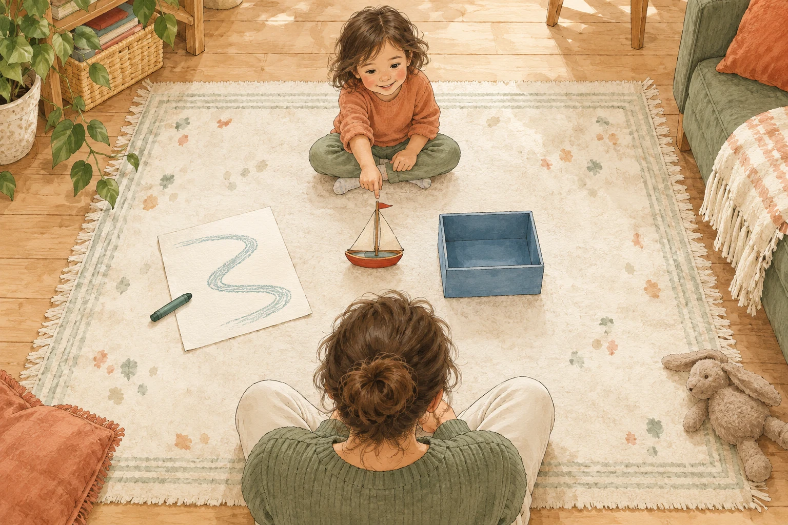 Look at the same objects before giving a direction A child at the top of a floor mat points to a toy boat beside a blue box while a parent sits in the foreground, seen from behind.