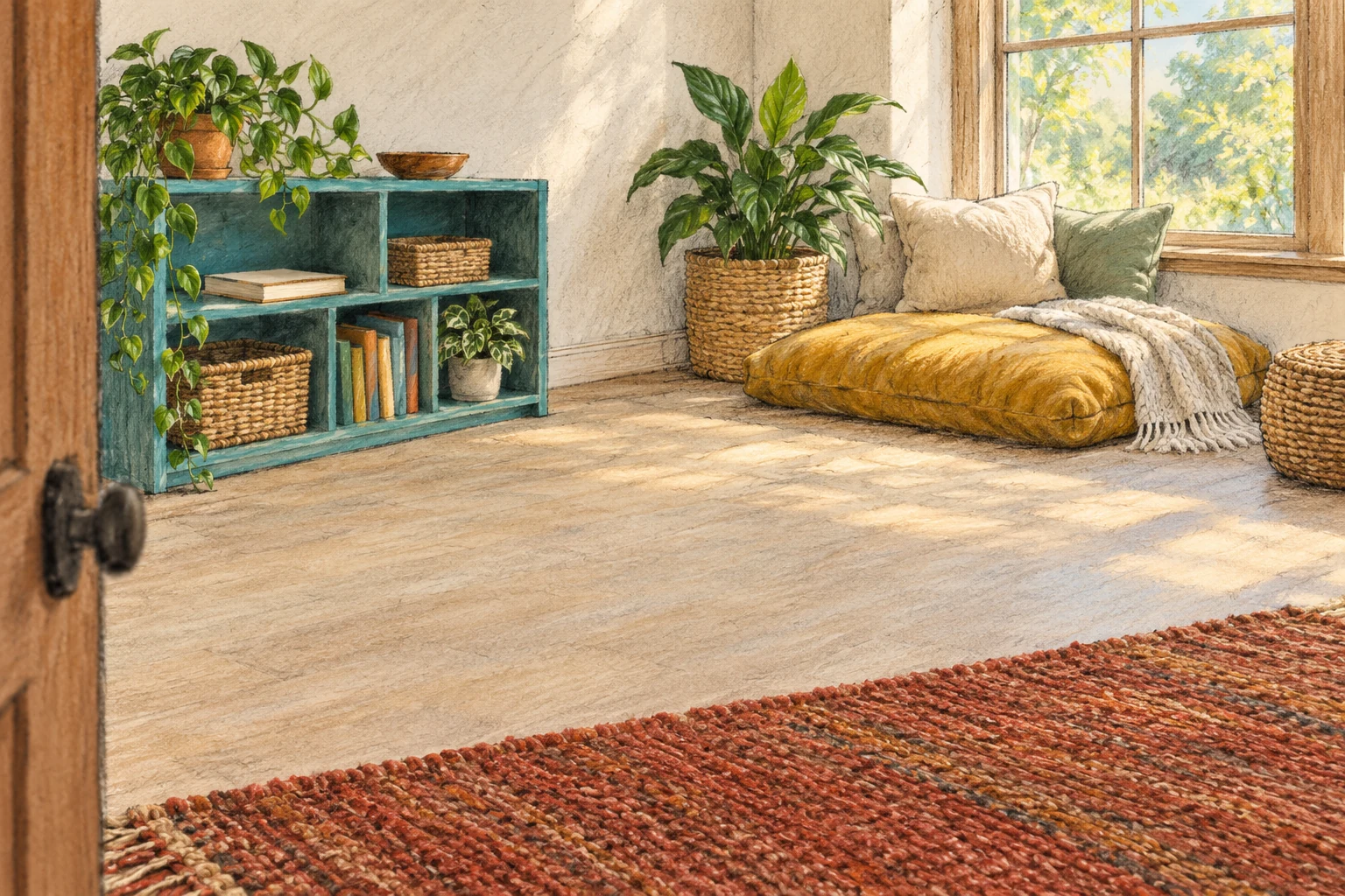 Prepare a supportive place before it is needed A low teal shelf and books face a gold cushion by a window, with a wide clear floor and brick-red rug.