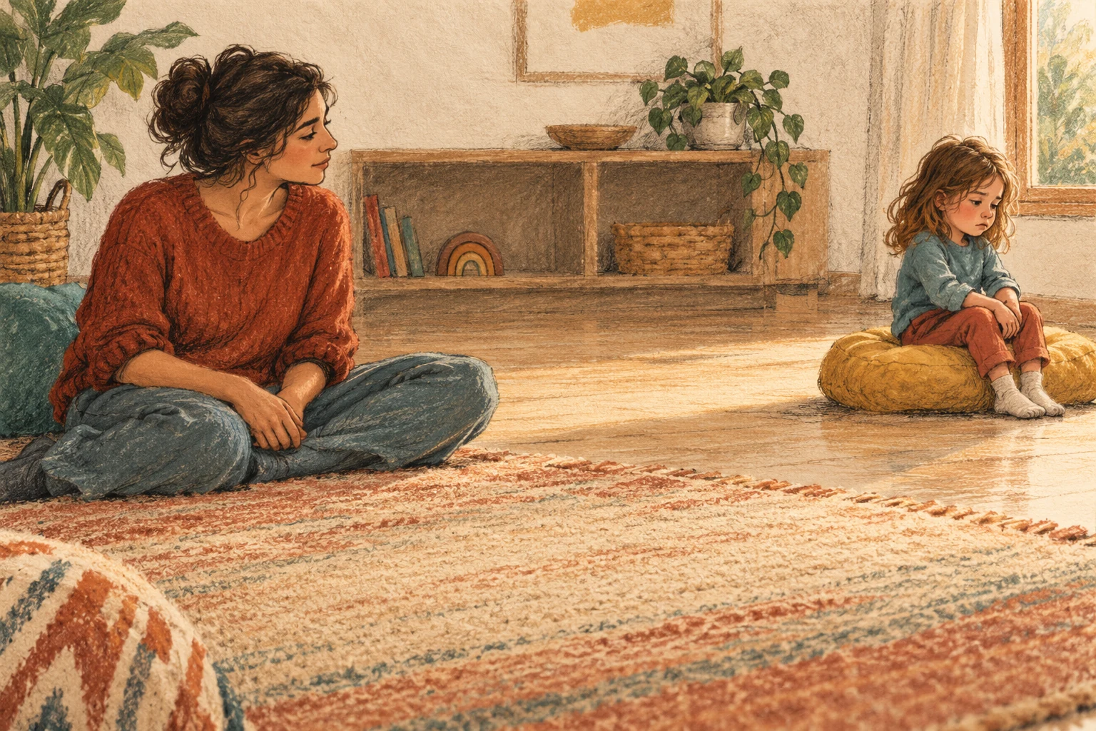 An adult sits on the floor at the left while a quietly upset child sits on a gold cushion at the far right, with clear space between them.