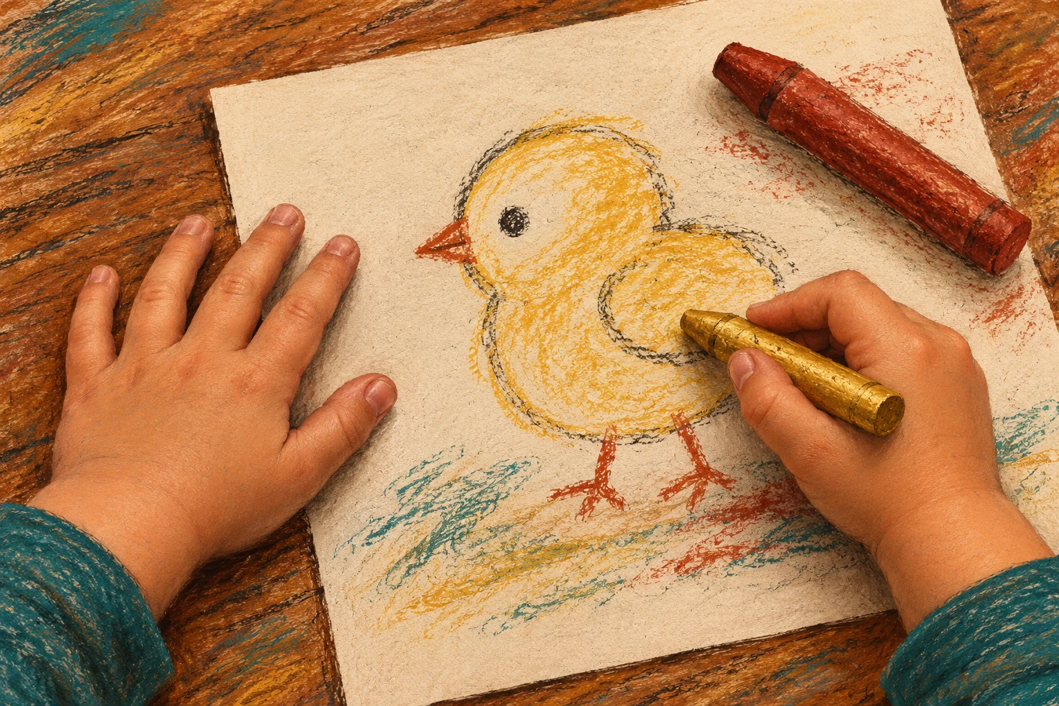 Offer a chosen calm-time creative activity A child's hands rest beside a yellow chick drawing, with one hand holding a broad gold crayon and a brick-red crayon nearby.