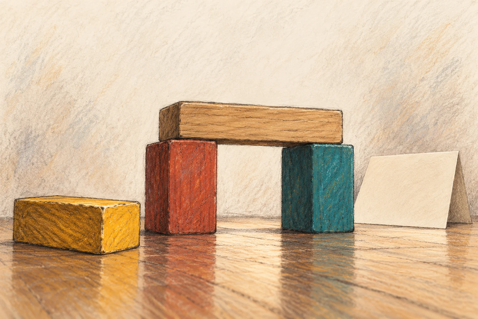 Choose a repair that fits what happened Brick-red and teal blocks support a low wooden span beside a separate gold block and blank folded note.