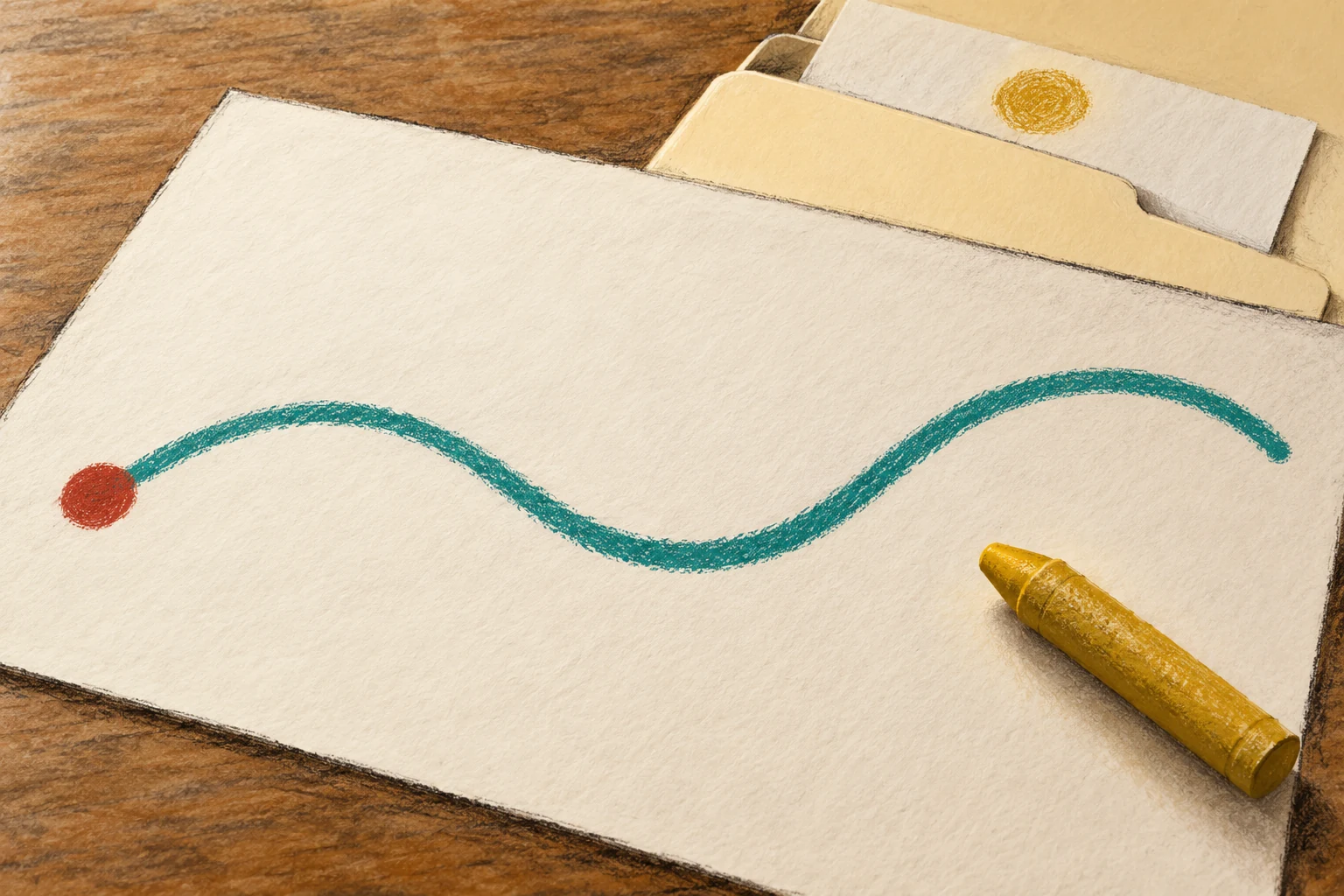 Let unfinished work have a return A teal curved path starts at a brick-red dot beside a gold crayon, with a separate gold-marked paper inside a cream folder.