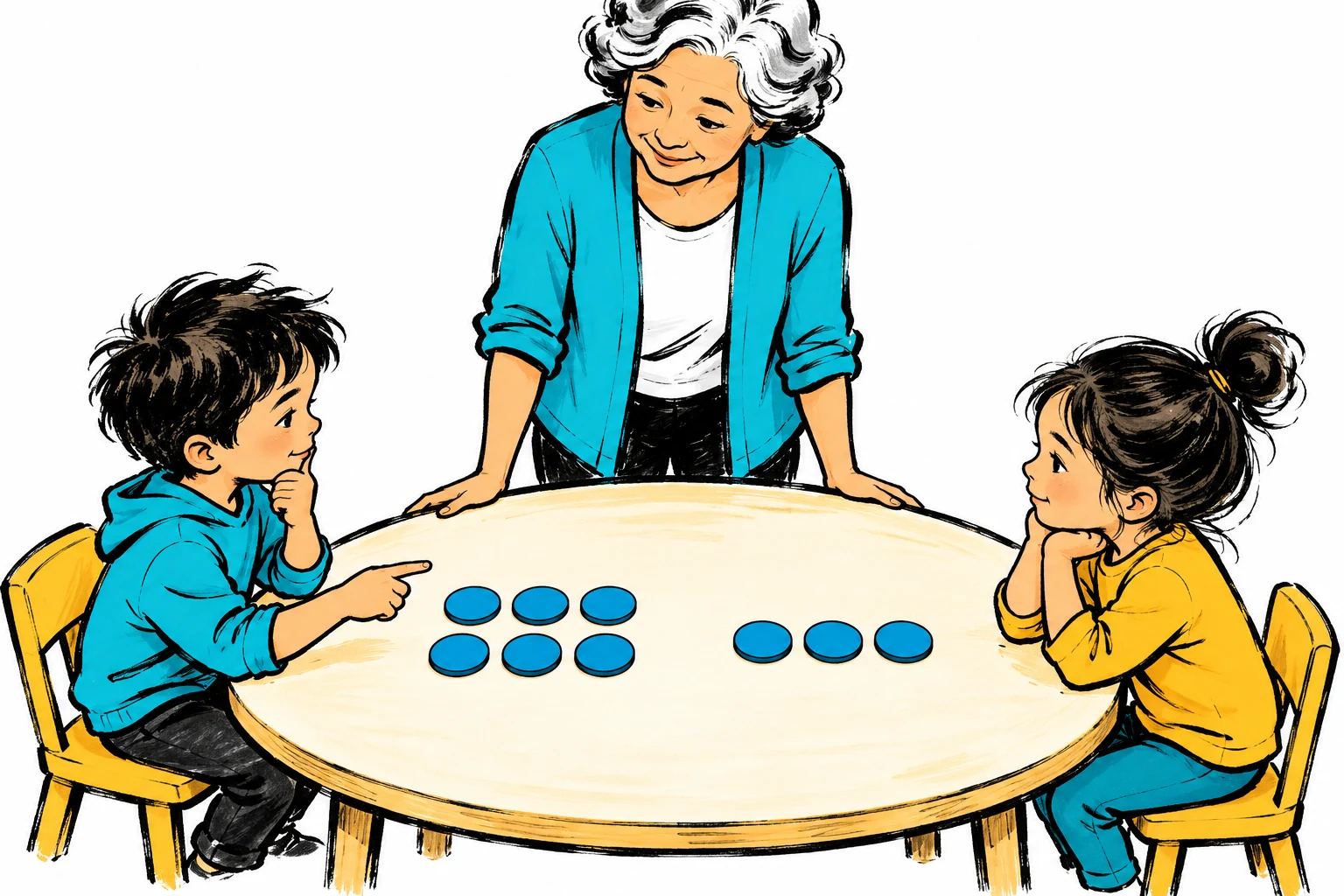 A grandparent stands behind an oval table while two children in profile consider six blue counters and a separate row of three.