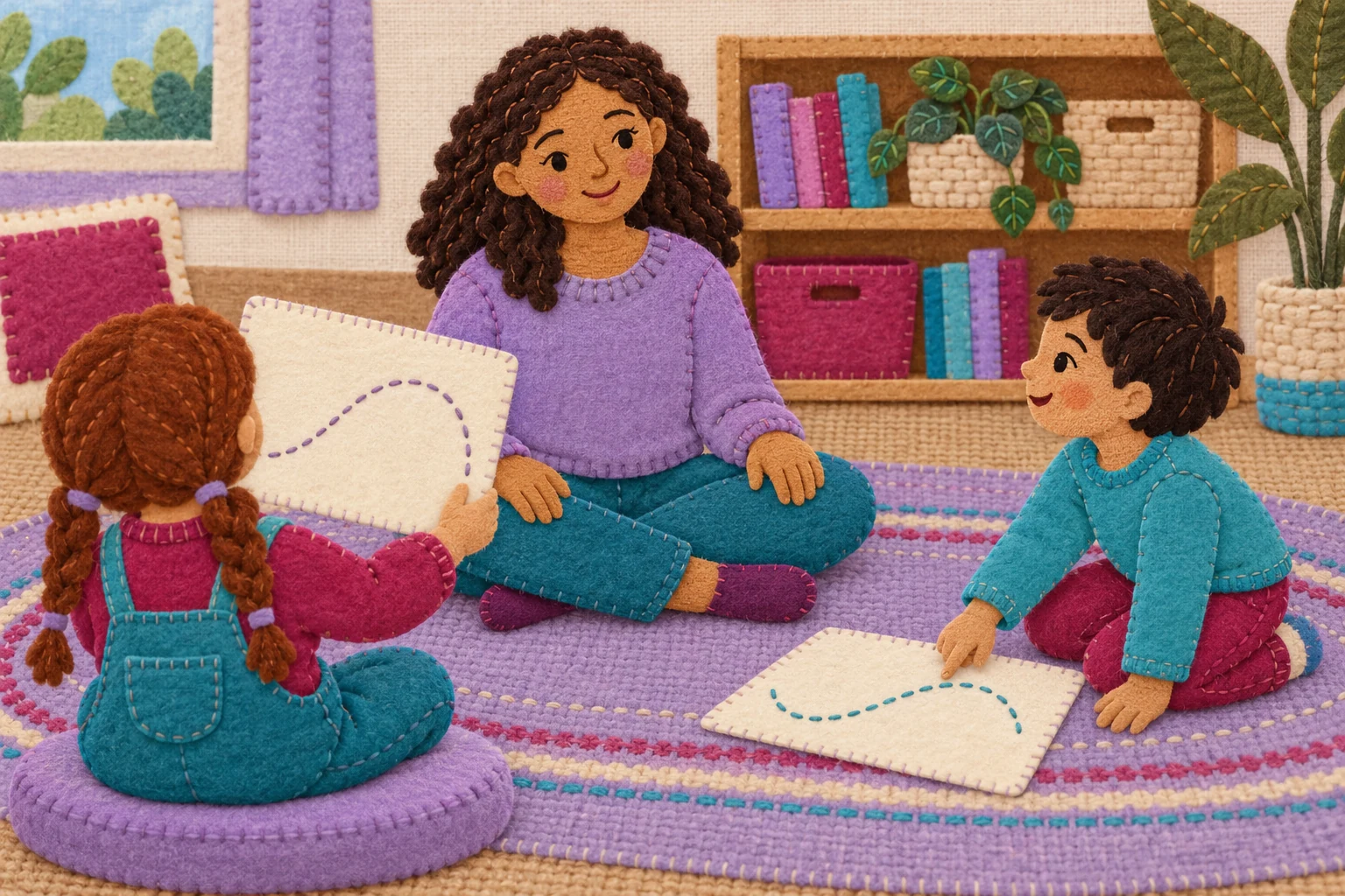 A teacher sits centrally between two children, listening while they show practice cards with curved paths.