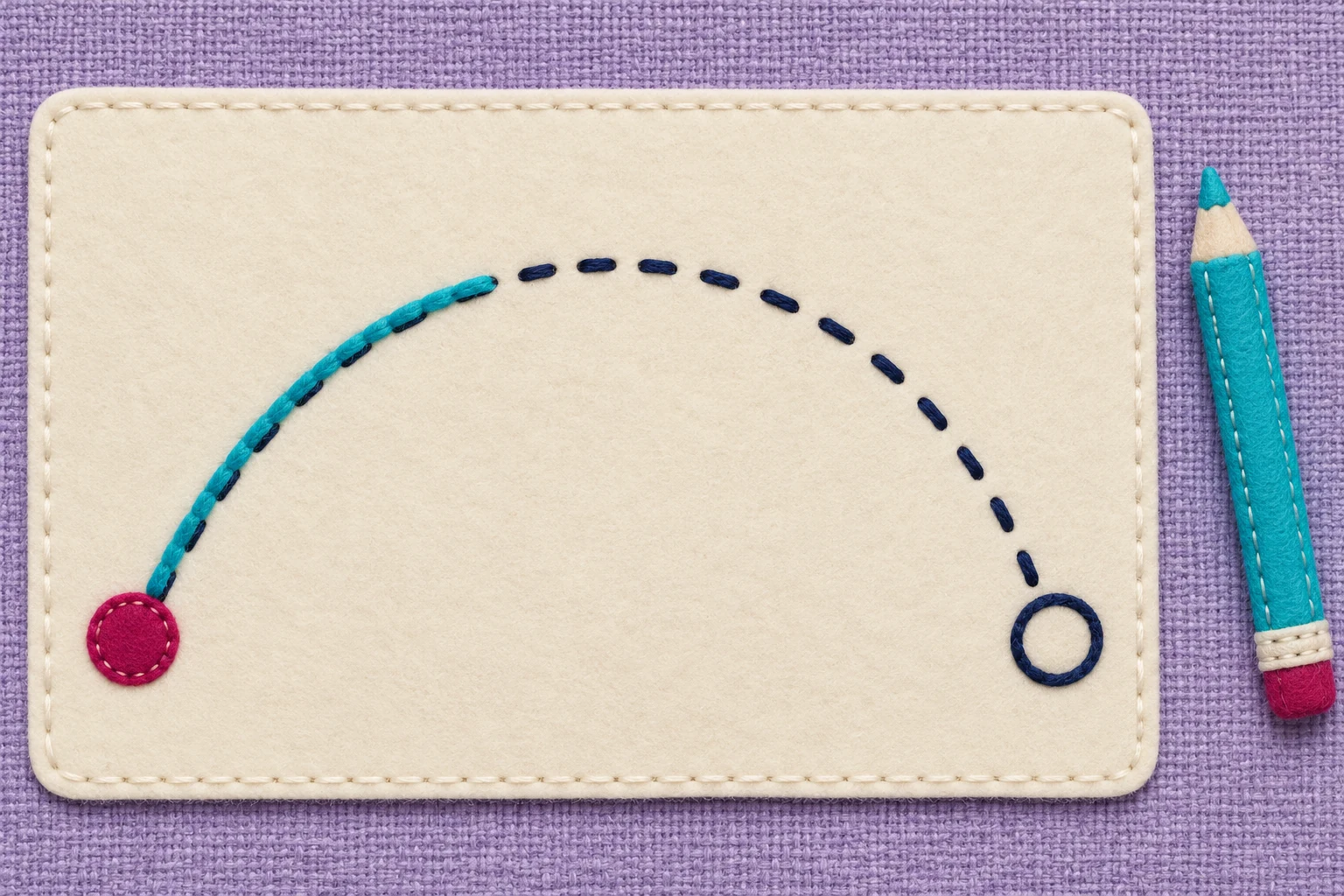 A practice card shows an arched dotted path with a turquoise line following its first section from a raspberry starting dot.