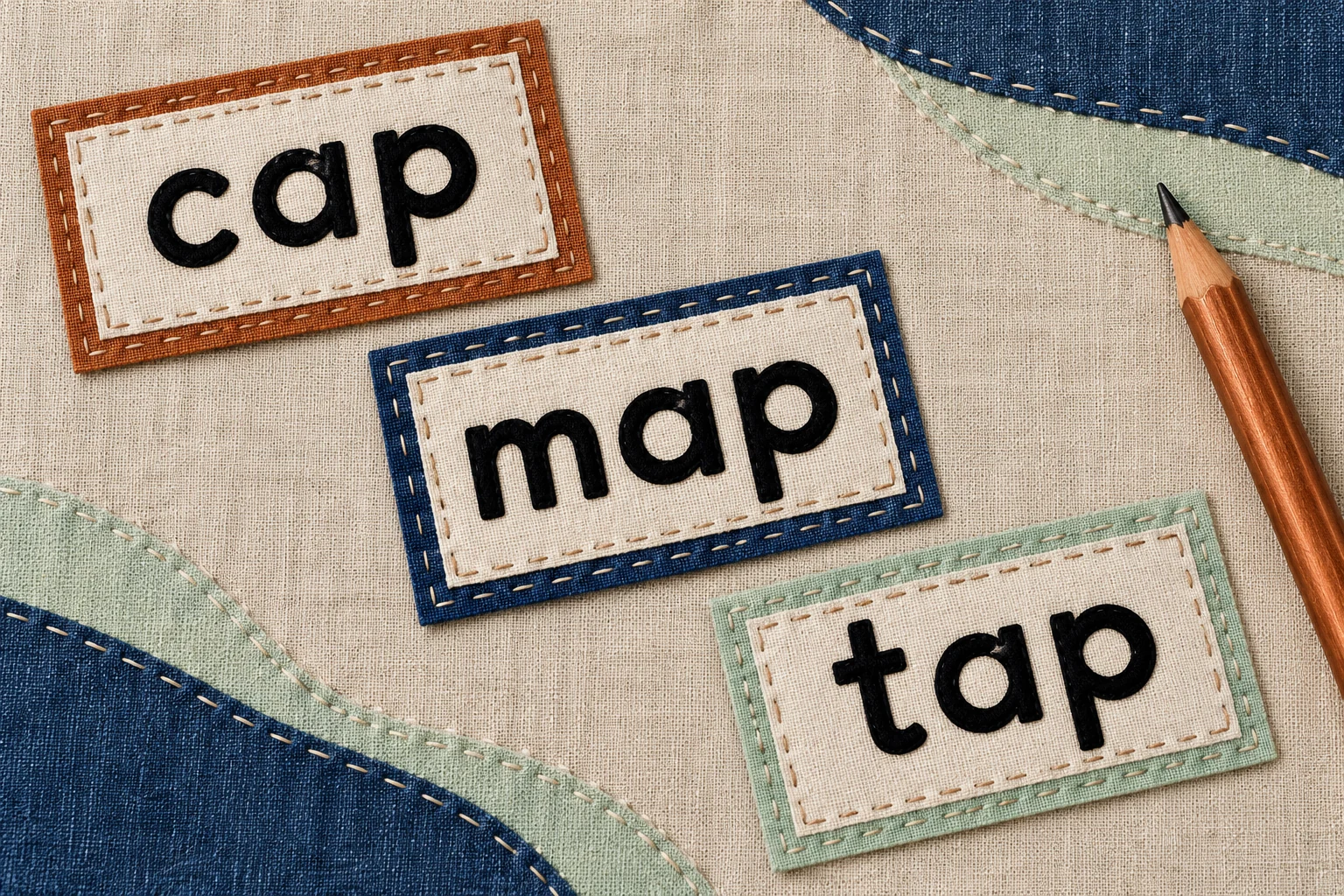 Read the complete word before copying it Three stitched word cards show cap, map and tap in clear lowercase print beside a pencil.