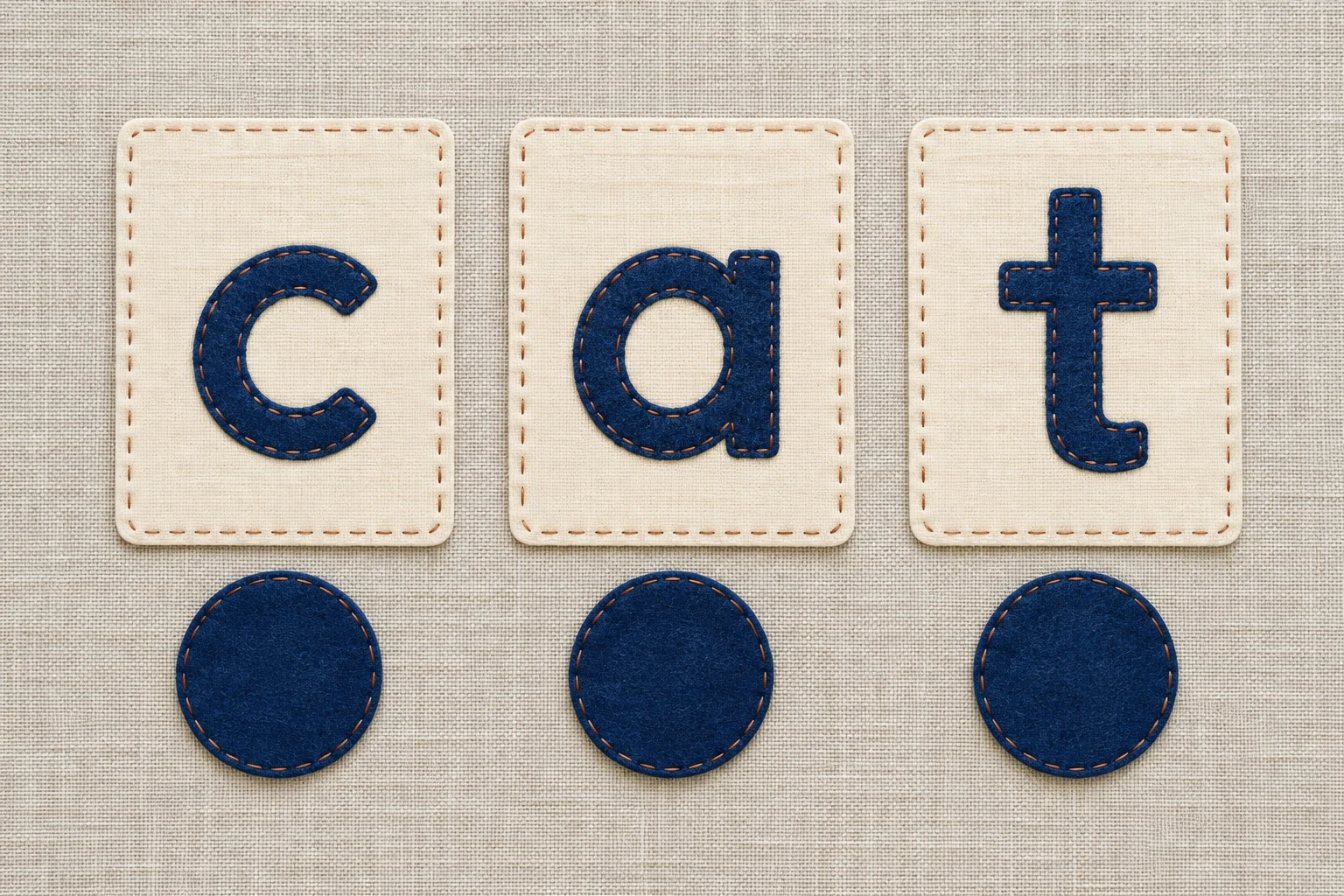 Connect the printed sequence with its sounds Three cream cards show c, a and t from left to right, with one large blue counter beneath each card.