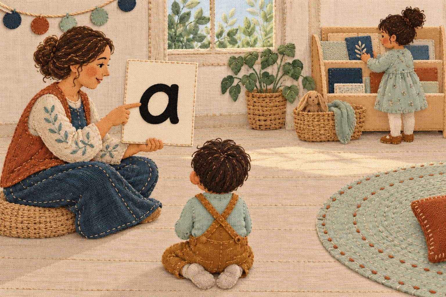 Show a clear model before inviting a response A teacher seated at the left holds a lowercase a card for a child kneeling in the lower centre, while another child stands near a book rack.