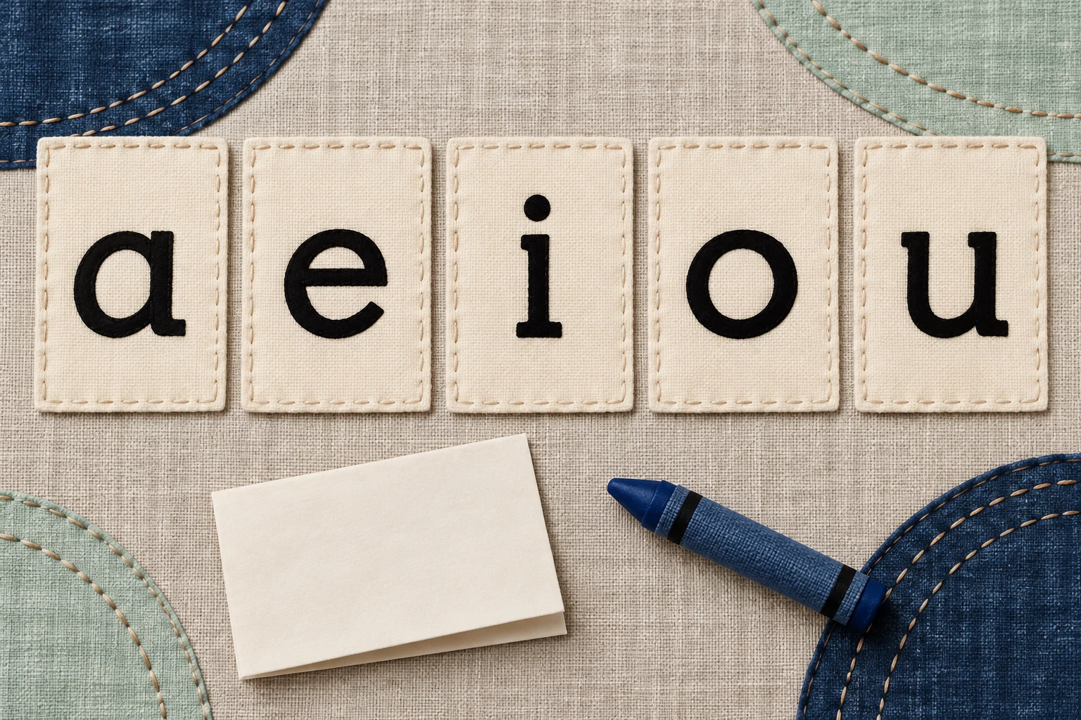 Select the vowel relationship currently being taught Five cream cards display lowercase a, e, i, o and u beside blank paper and a broad blue crayon.