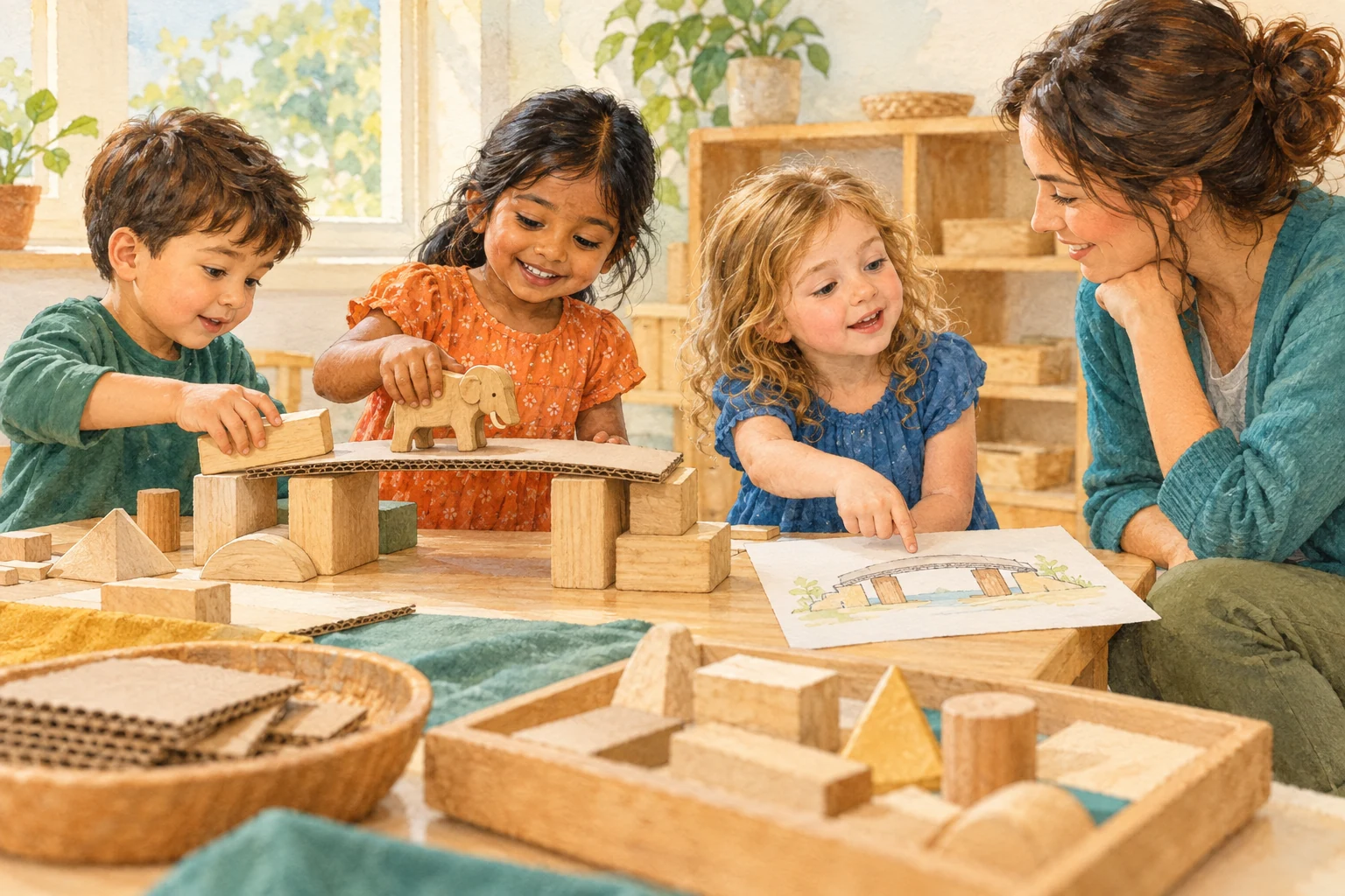 Three young children test a block and cardboard bridge while an educator listens beside their drawing.