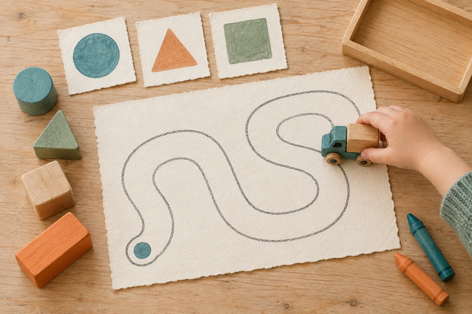 A child's hand moves a wooden delivery truck on a winding paper route beside shape cards and crayons.