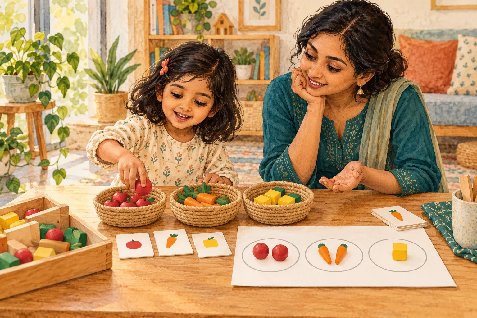 A mother watches her child sort pretend produce into baskets beside a counting page.