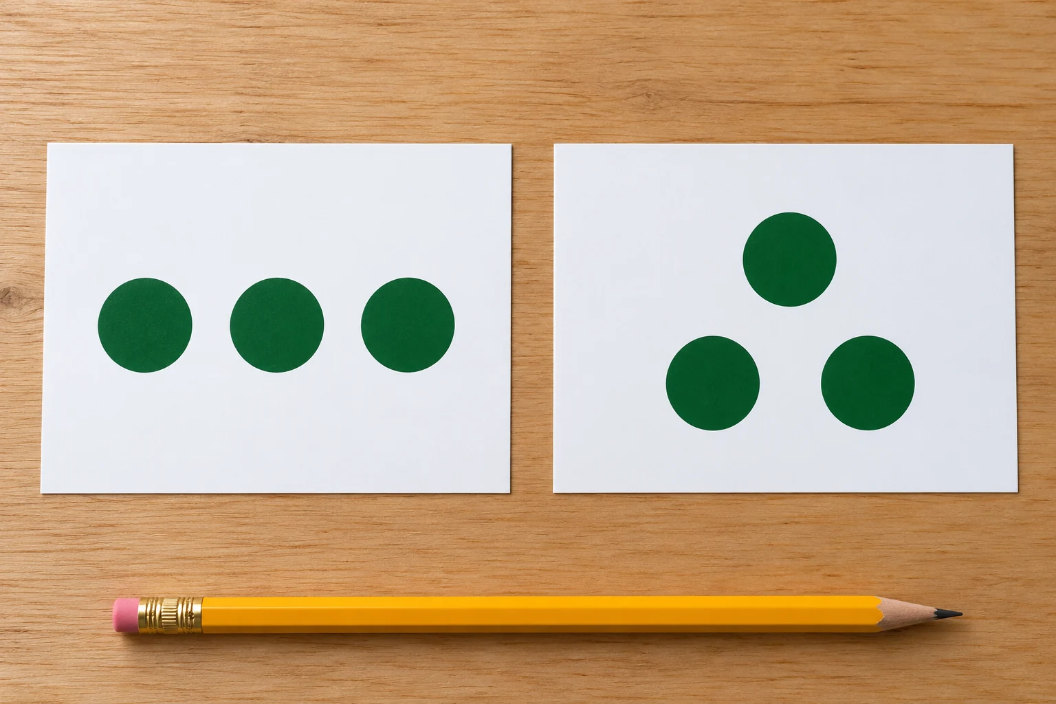 Two white cards each show three green dots, with a straight row on the left and a triangle on the right.