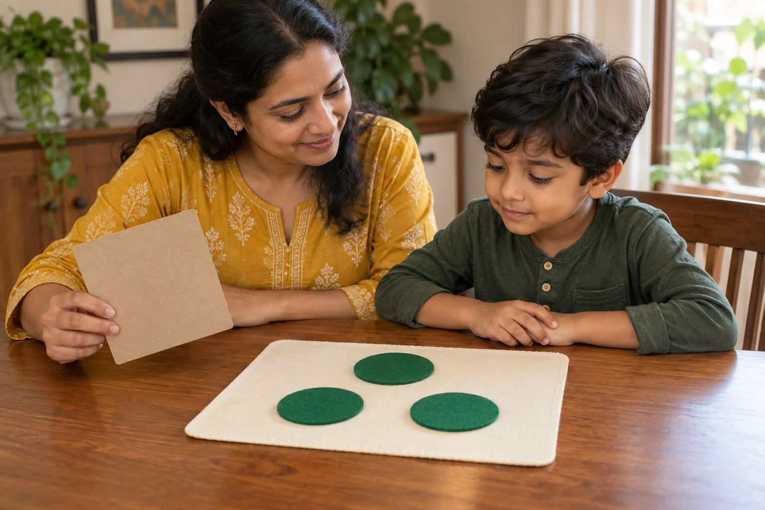 A mother and child look at three large green felt circles arranged as a triangle on a mat.
