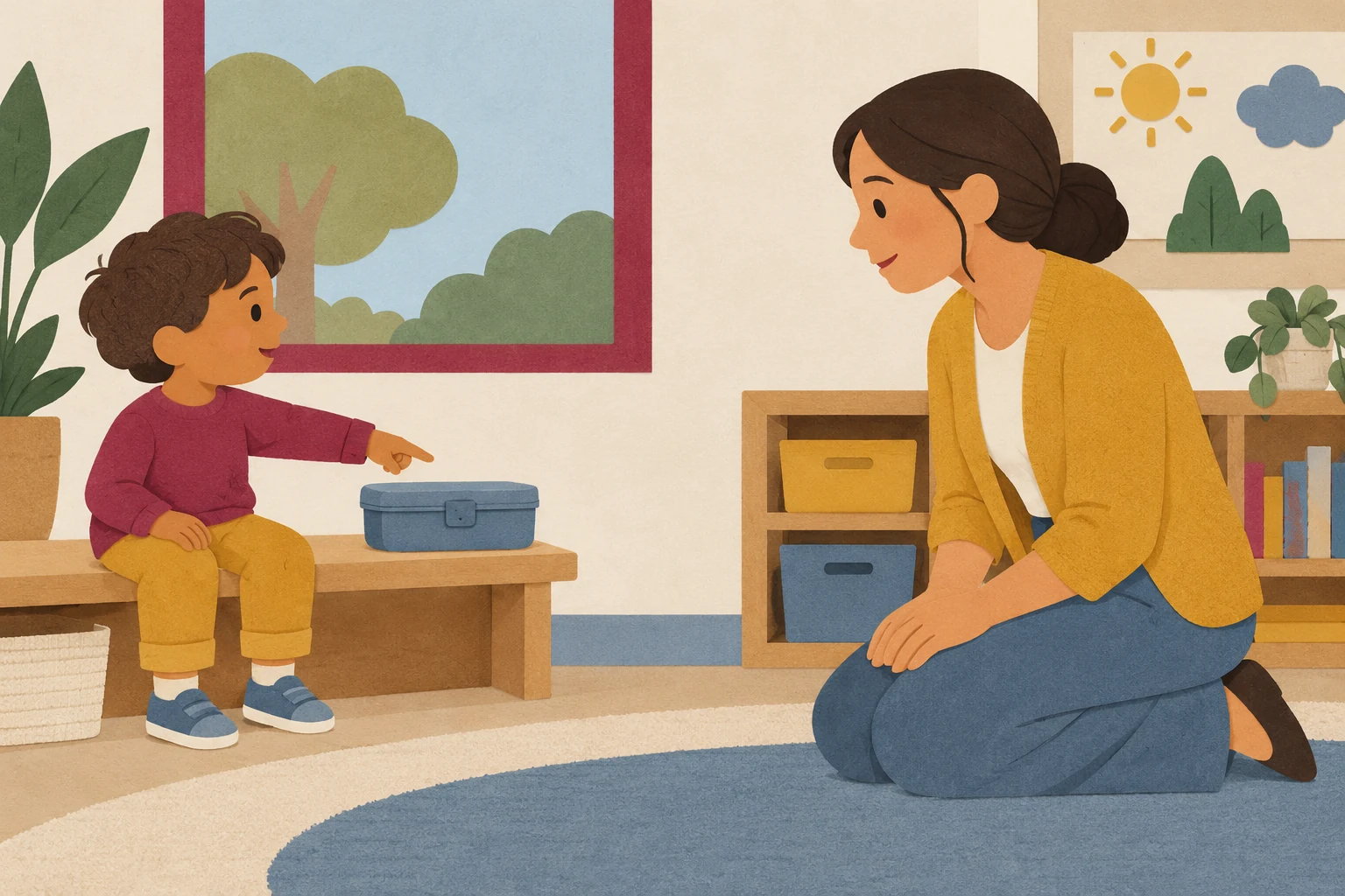 Respond to the message A child seated at left points to a lunch container while a teacher kneels and listens at the right.