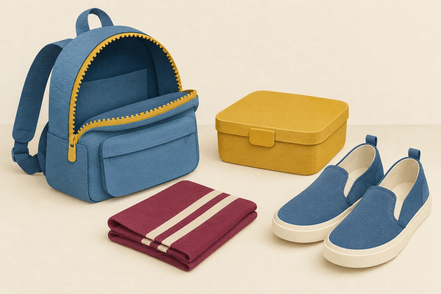 Try the actual equipment An open blue backpack, yellow lunch box, folded cloth and slip-on shoes are arranged separately on a cream surface.