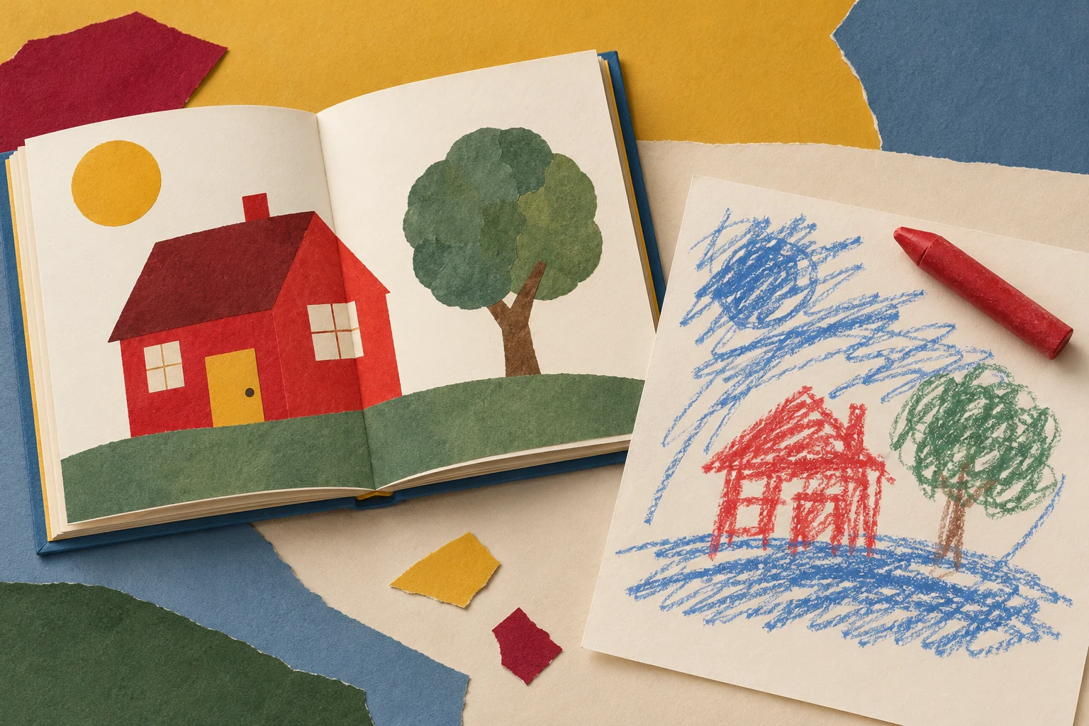 Talk and mark-making can share a purpose An open wordless picture book shows a red house and green tree beside a crayon drawing of a house and tree.