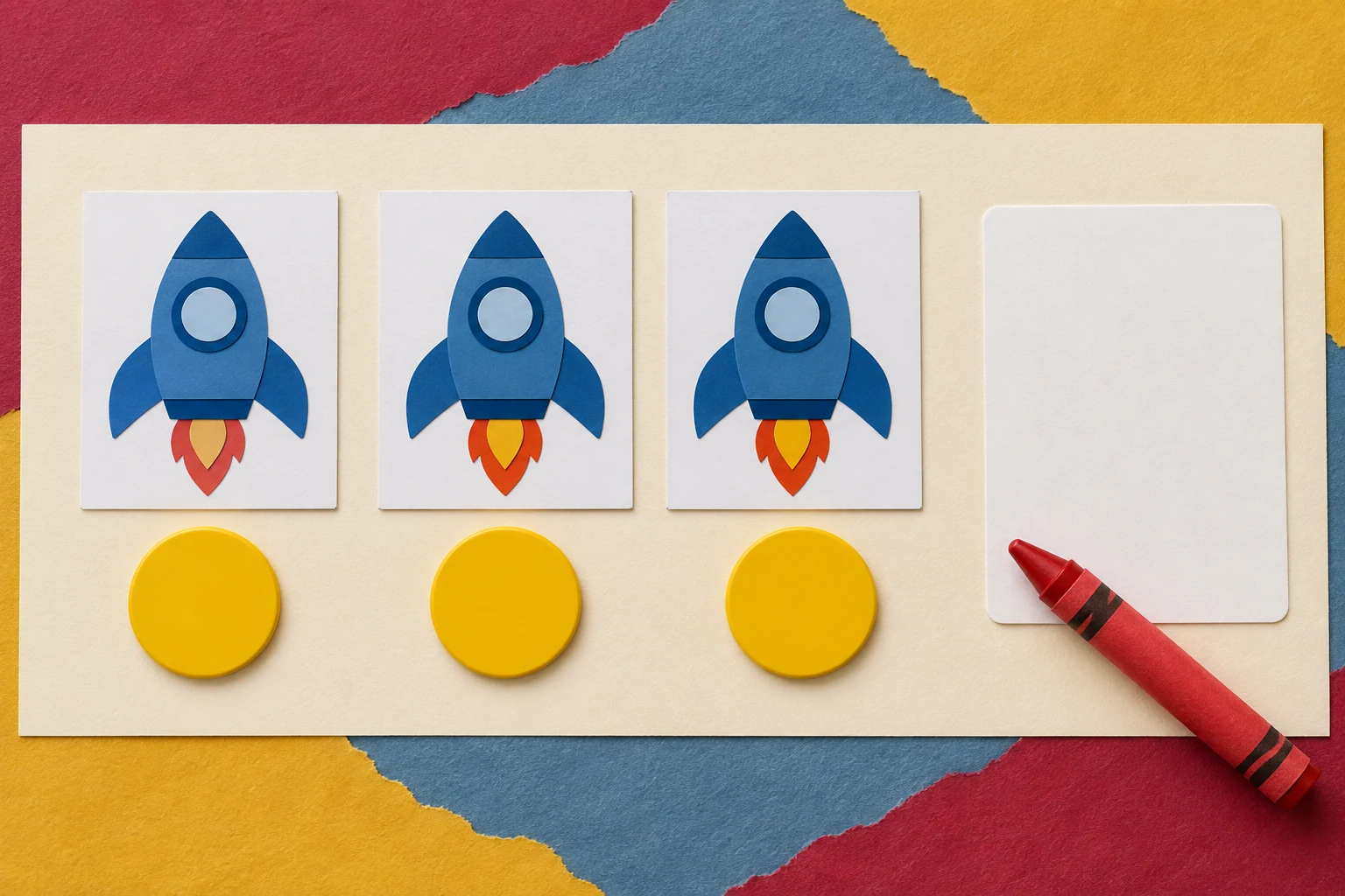 Keep the quantity small and visible Three blue rocket picture cards each have one yellow counter beneath them beside a blank card and red crayon.
