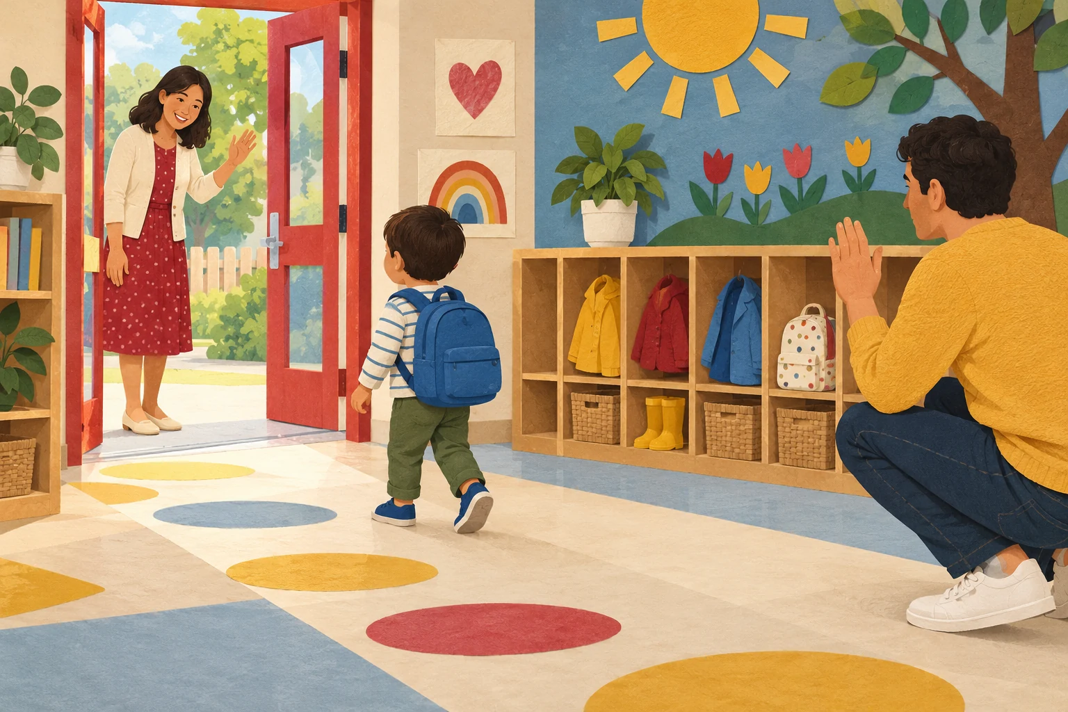 A child with a blue backpack walks left towards a teacher at an open doorway while a parent crouches and waves from the far right.