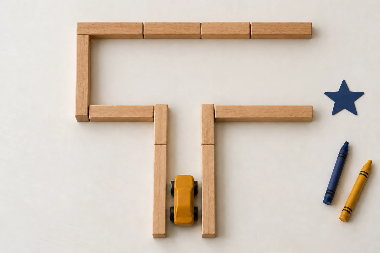 A mustard toy car faces a wooden-block junction with a closed left branch and an open right route toward a blue star.