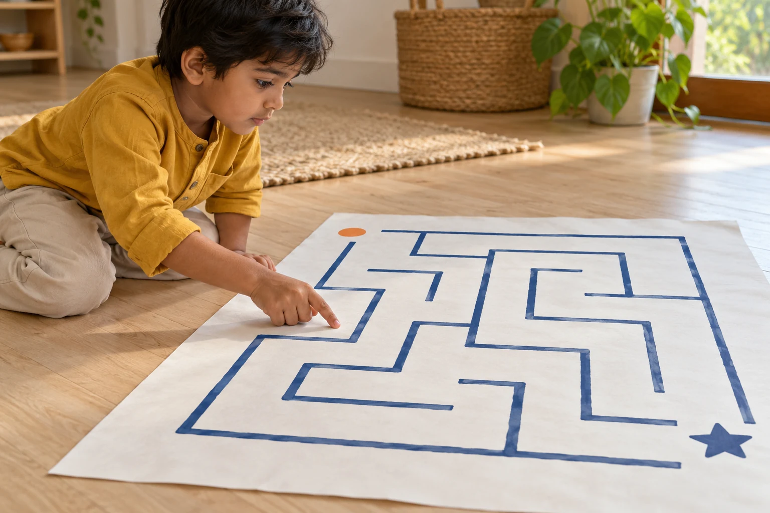 A child kneels to the left of a large blue-line maze, pausing with a finger beside one of its corridors.