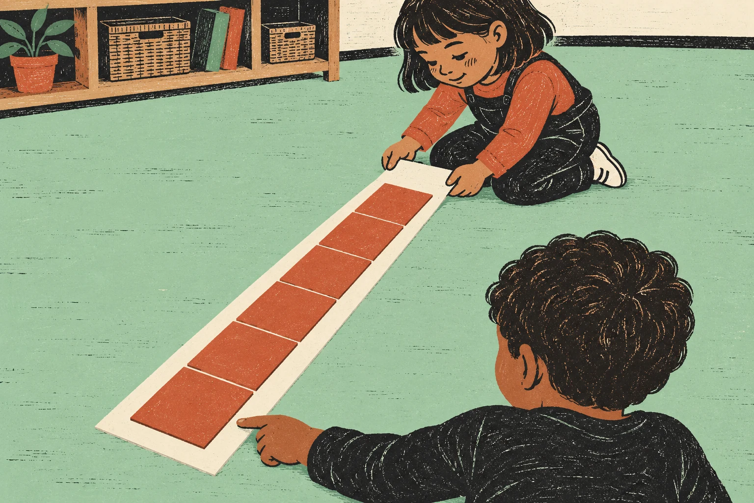 Two children inspect six terracotta tiles on a diagonal paper strip, with uncovered paper visible beyond the tile row.