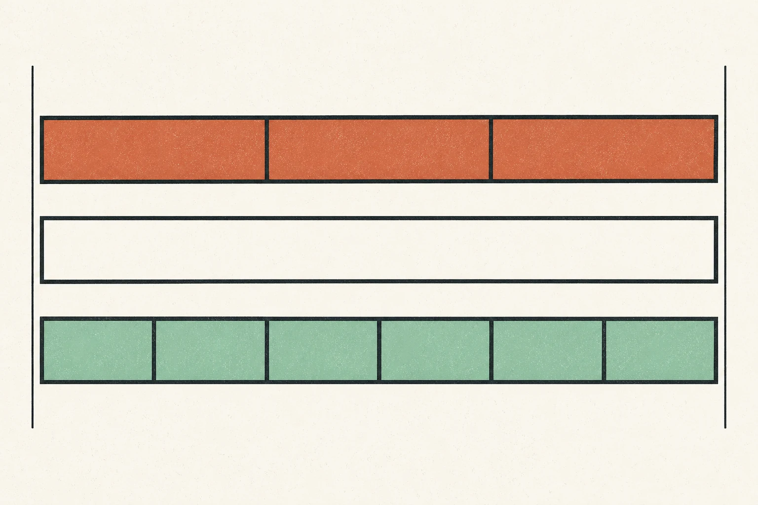 Three long terracotta units above one strip span the same length as six shorter mint units below it.