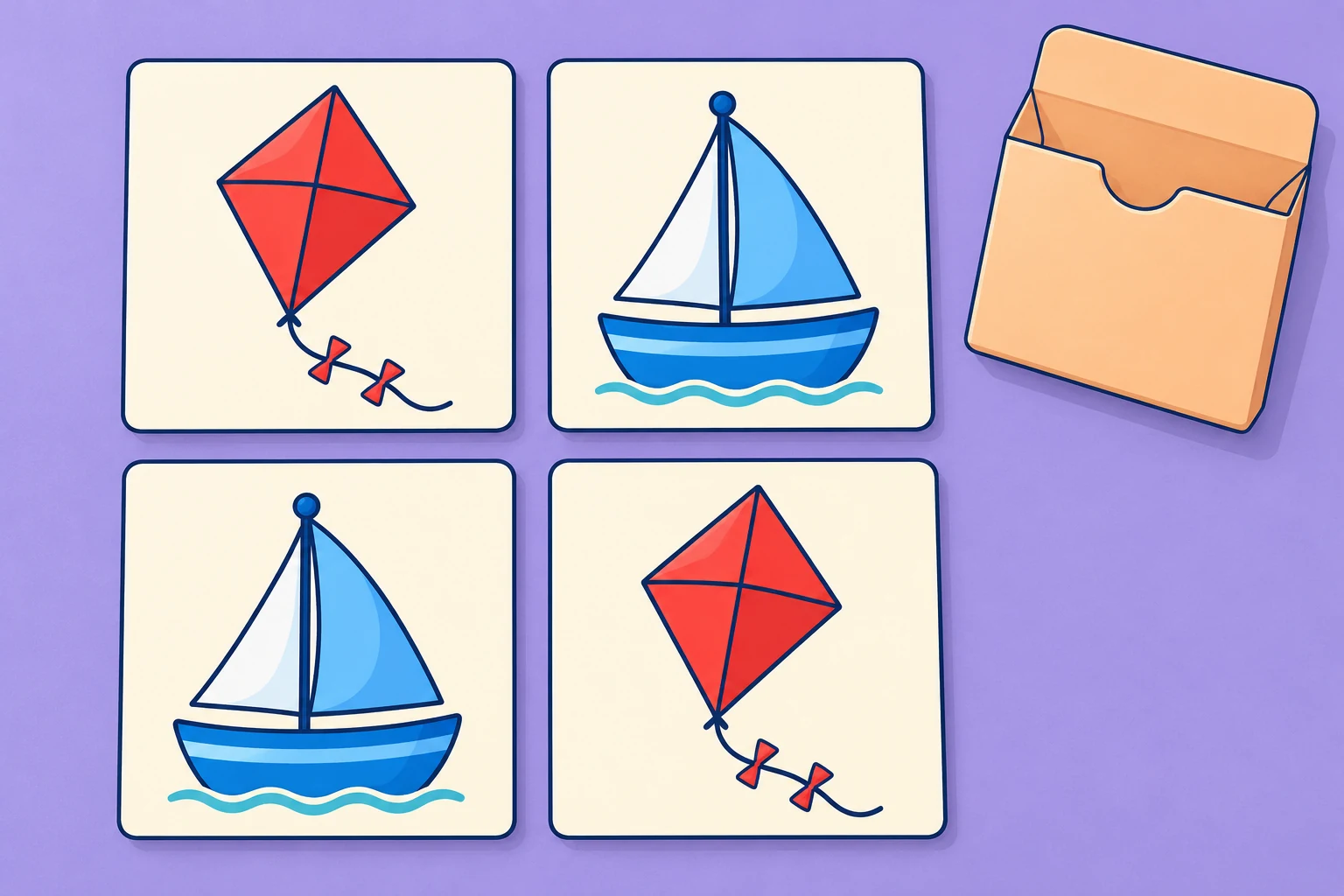 Study the positions before covering the cards Four face-up cards form a two-by-two grid with matching red kites on one diagonal and matching blue boats on the other.