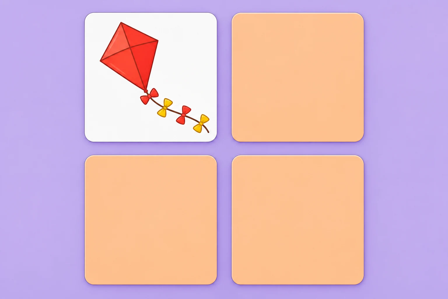 Keep revealed memory locations steady A four-card grid shows a red kite at top left and three identical apricot card backs in the remaining positions.