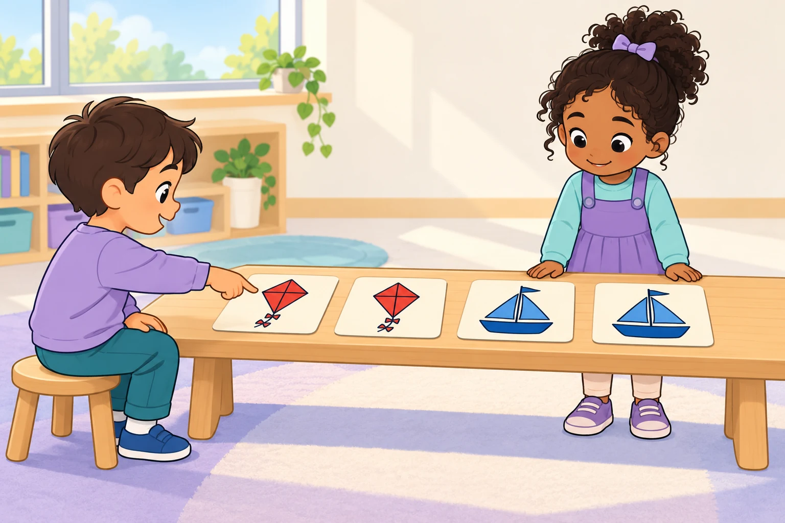 Two children compare picture pairs together A seated child on the left points to a red kite card while a standing child on the right watches four face-up cards on a low bench.