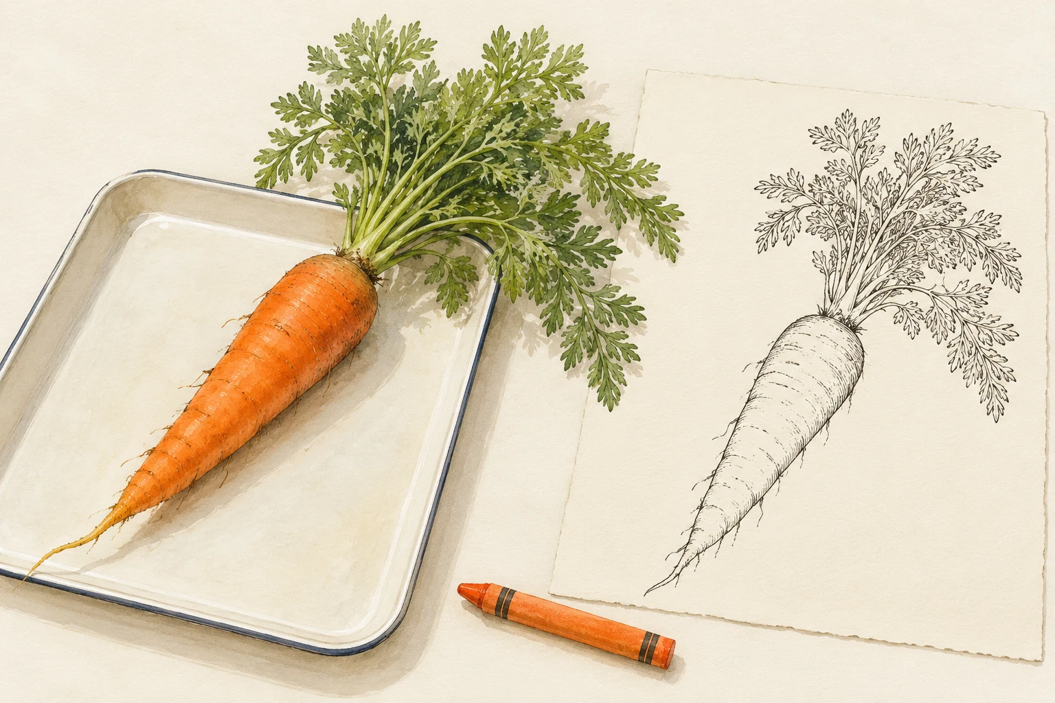 An outline follows a real observation A whole carrot with a leafy top rests beside an outline drawing and an orange crayon.