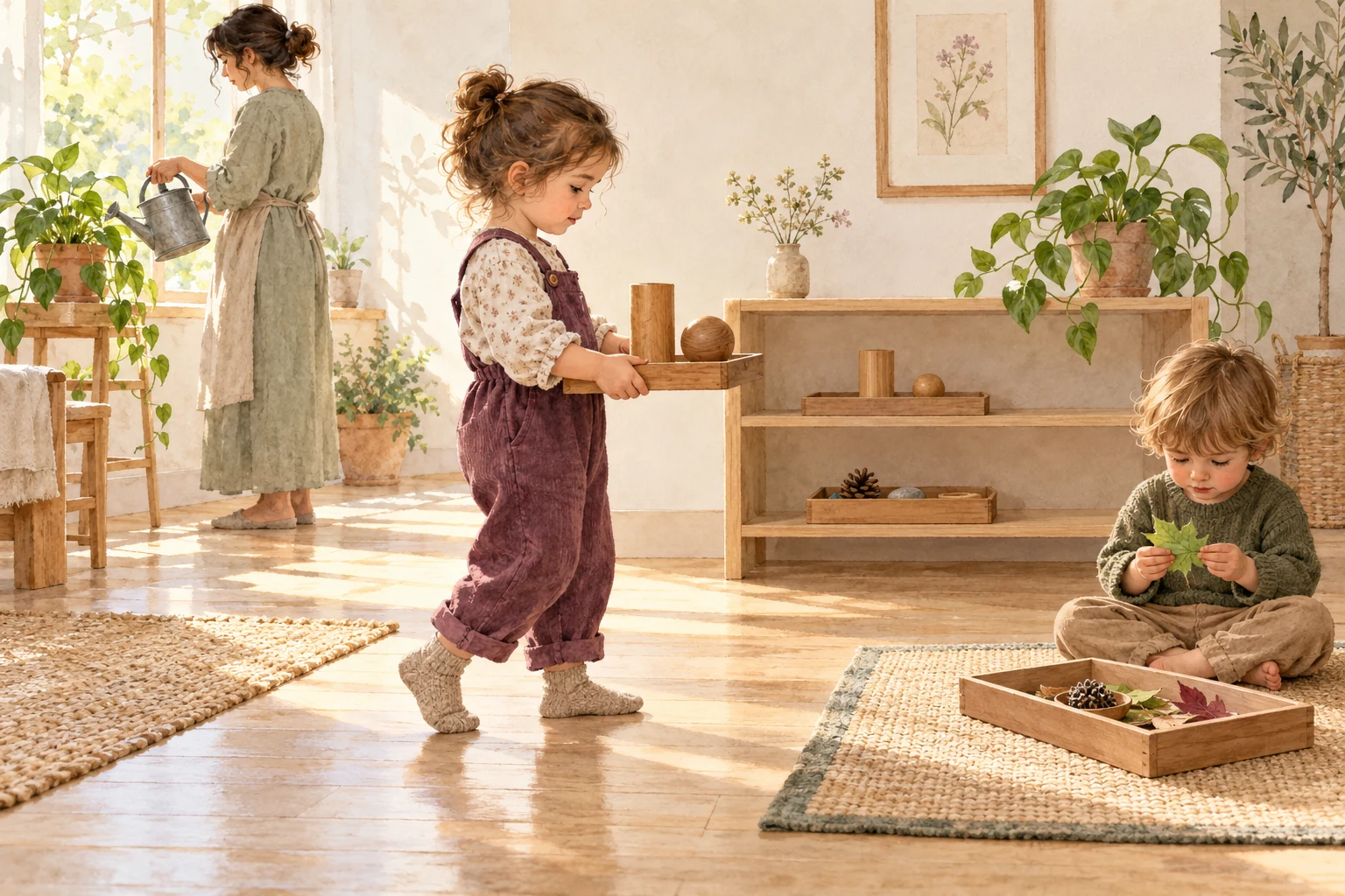 Give materials a clear place A child carries a tray at centre, an adult waters a plant at far left, and another child examines a leaf on a mat at right.
