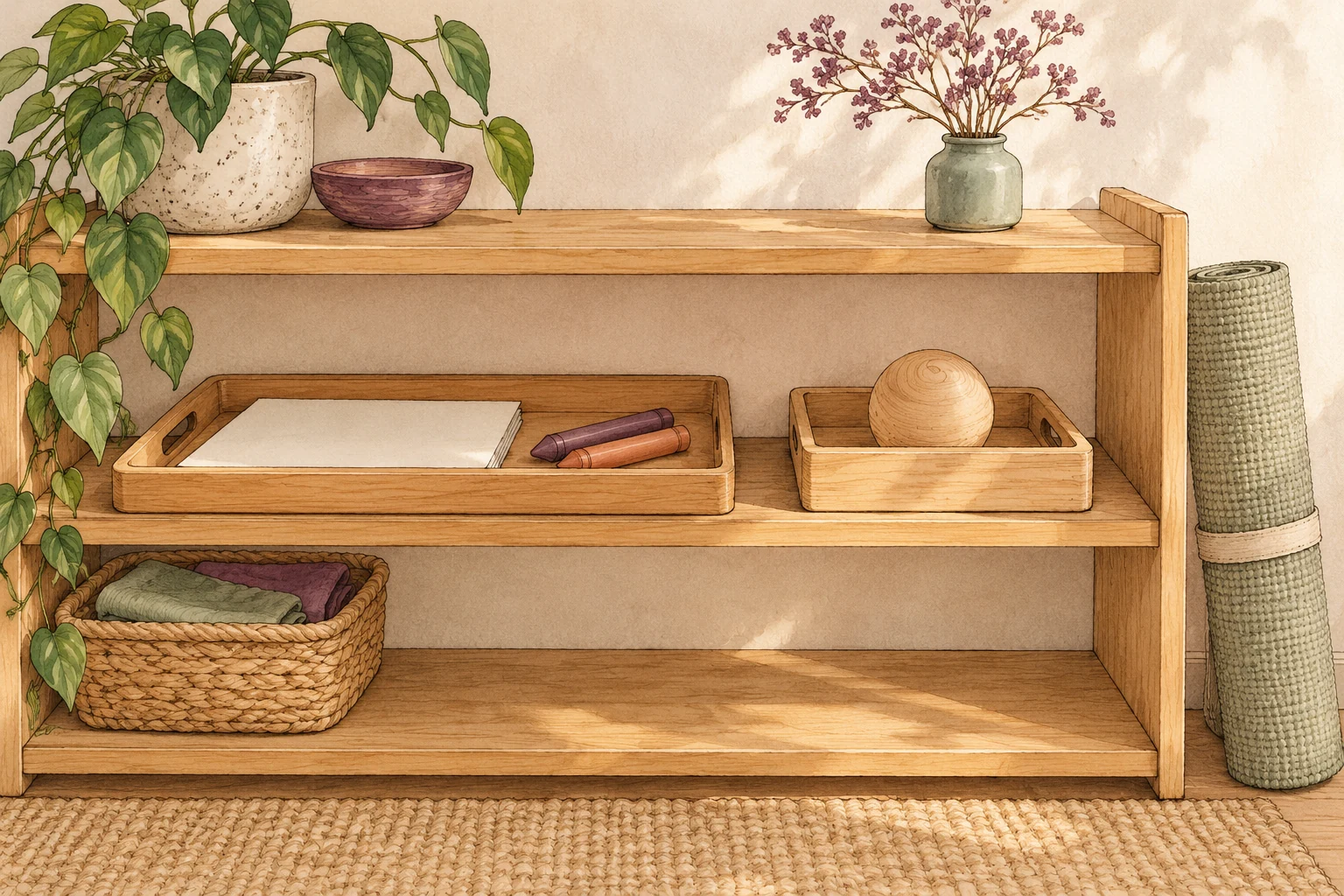Leave the next invitation ready A low shelf holds trays with paper, crayons and a large wooden sphere beside a rolled floor mat.