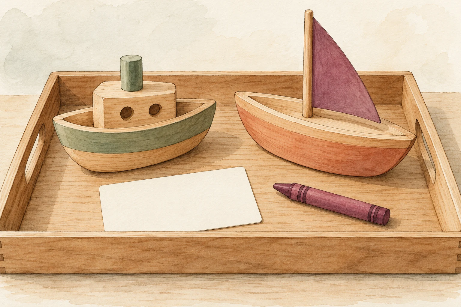 Let a small quantity be handled Two large wooden boat toys sit separately on a tray beside a blank card and plum crayon.