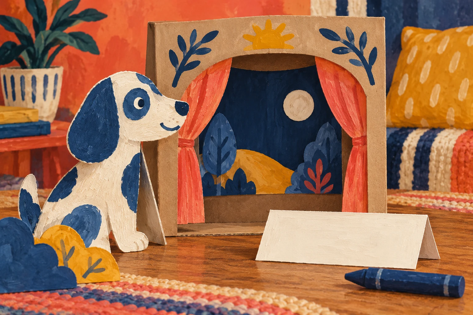 Start with a picture that invites a story A blue and cream dog cutout stands beside a cardboard theatre, a blank folded card and a navy crayon.