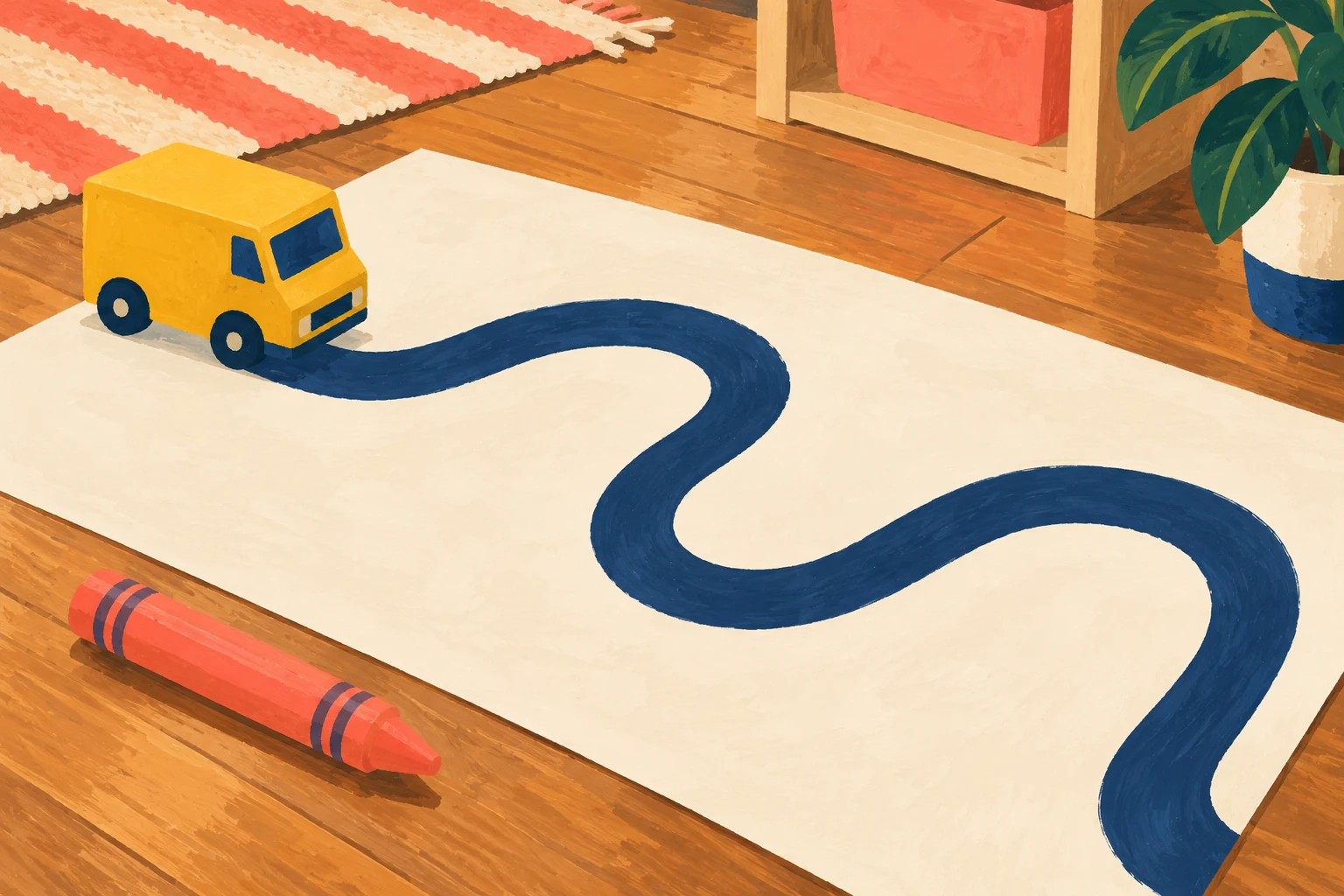 Let a route become a delivery invitation A mustard toy van rests beside a wide navy winding route on a large paper sheet, with a coral crayon nearby.