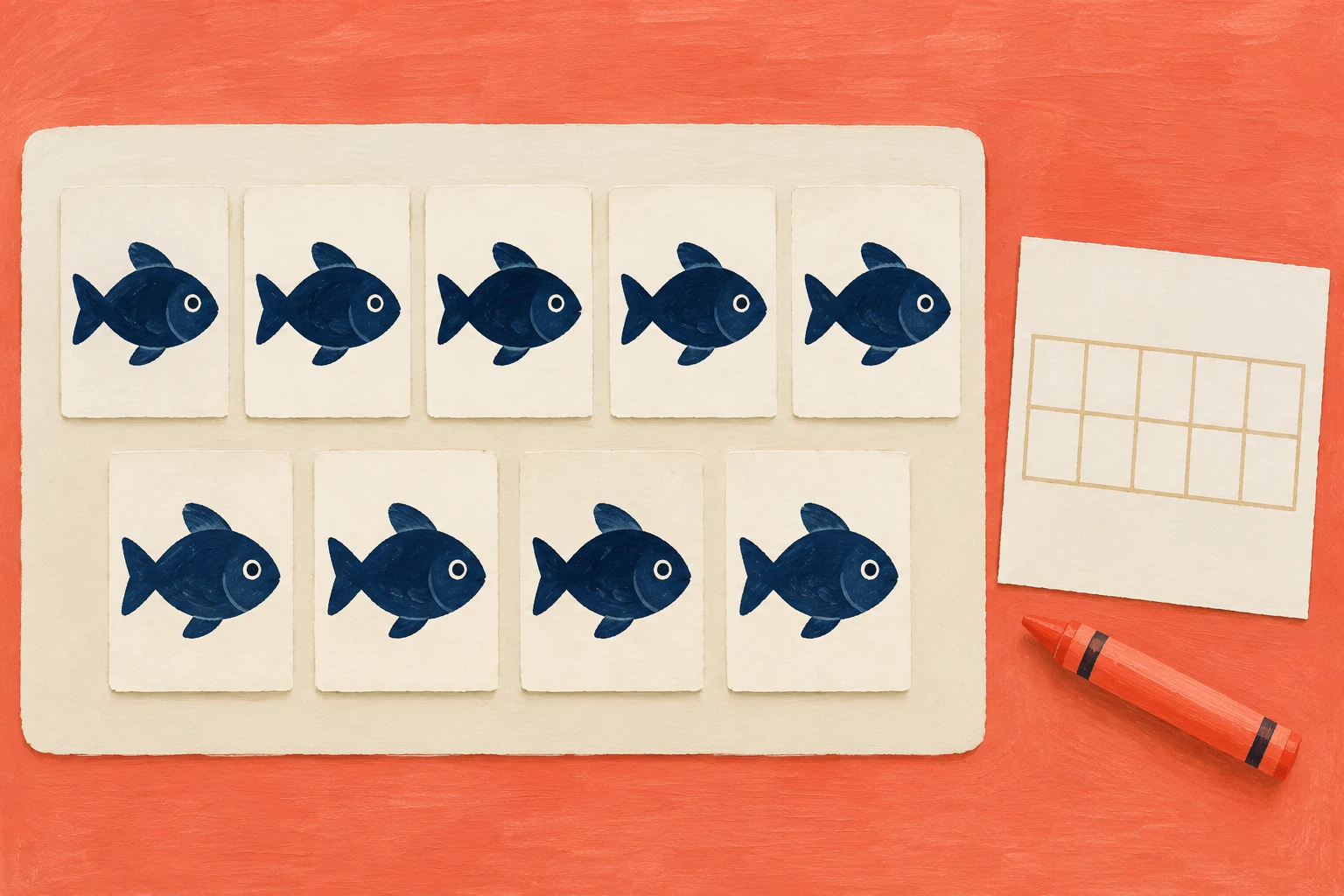 Choose a challenge the learner can check Nine fish picture cards form a row of five and a row of four beside an empty two-by-five recording grid and a coral crayon.
