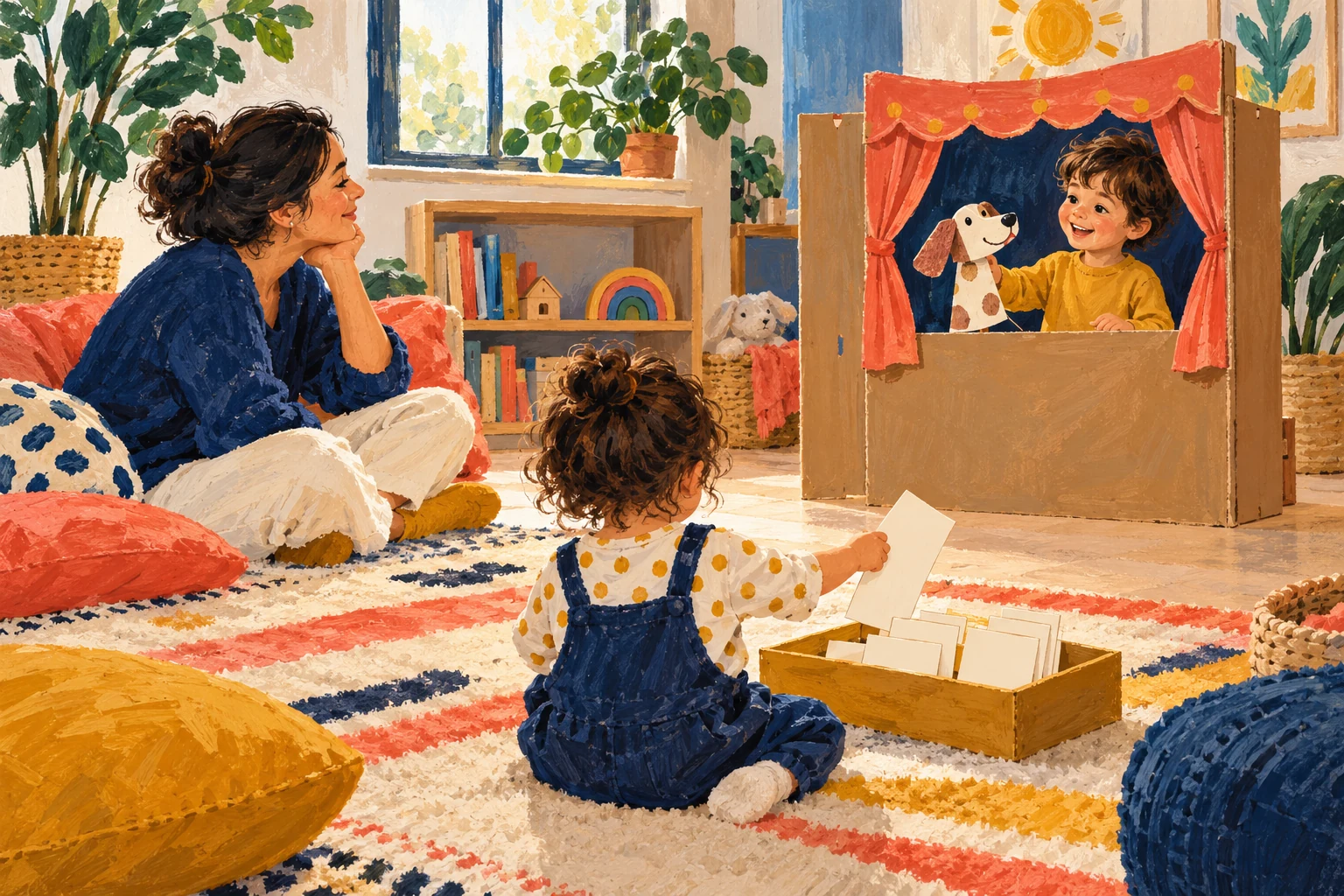 Give a story somewhere to go An adult sits at the far left of a cardboard puppet theatre, a child stands behind it at the upper right, and another child selects a ticket near the front.