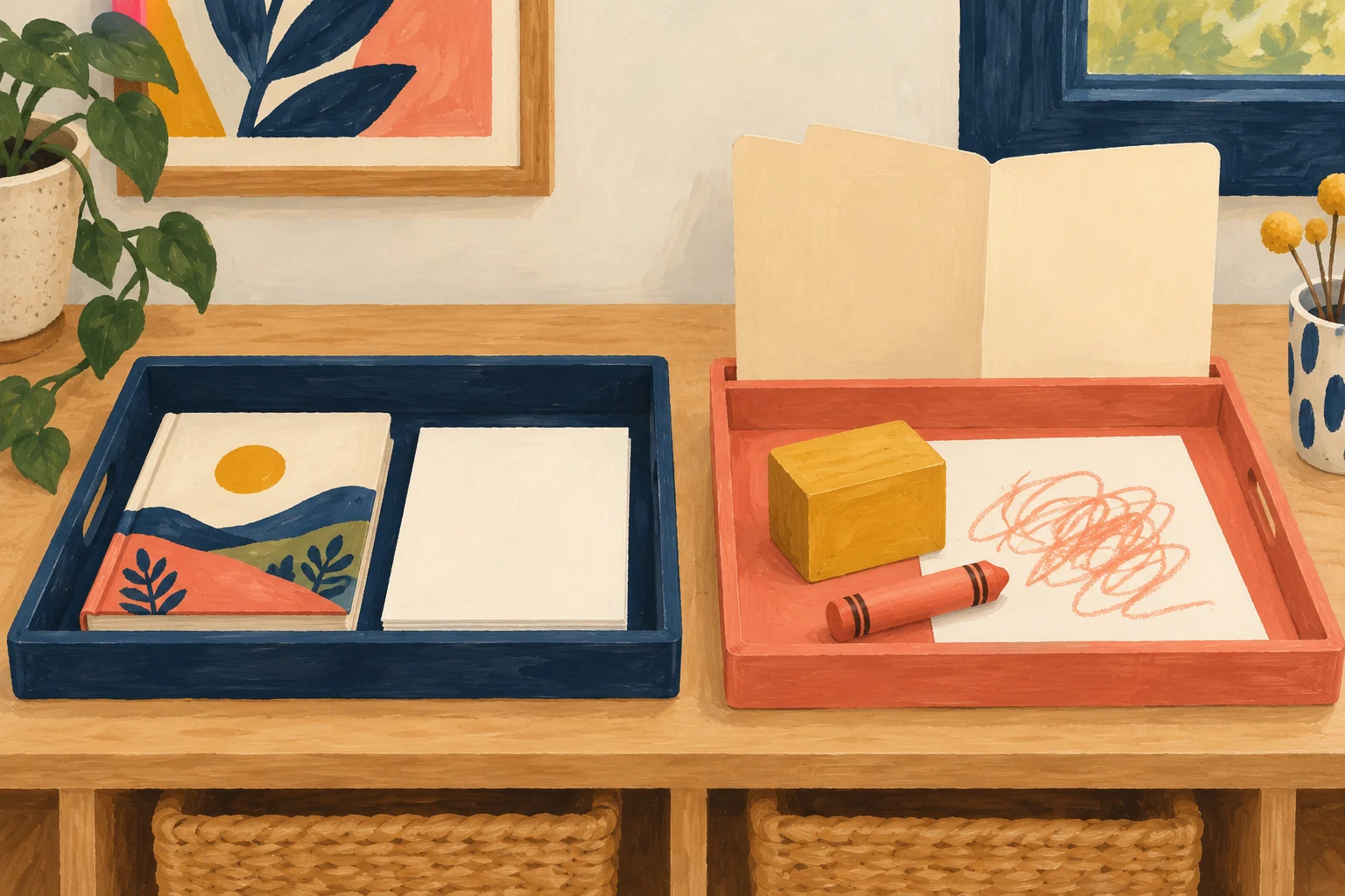 Make an available choice meaningful A navy tray holds a closed picture book and plain paper, while a coral tray holds a yellow block, crayon and marked paper beside an open folder.