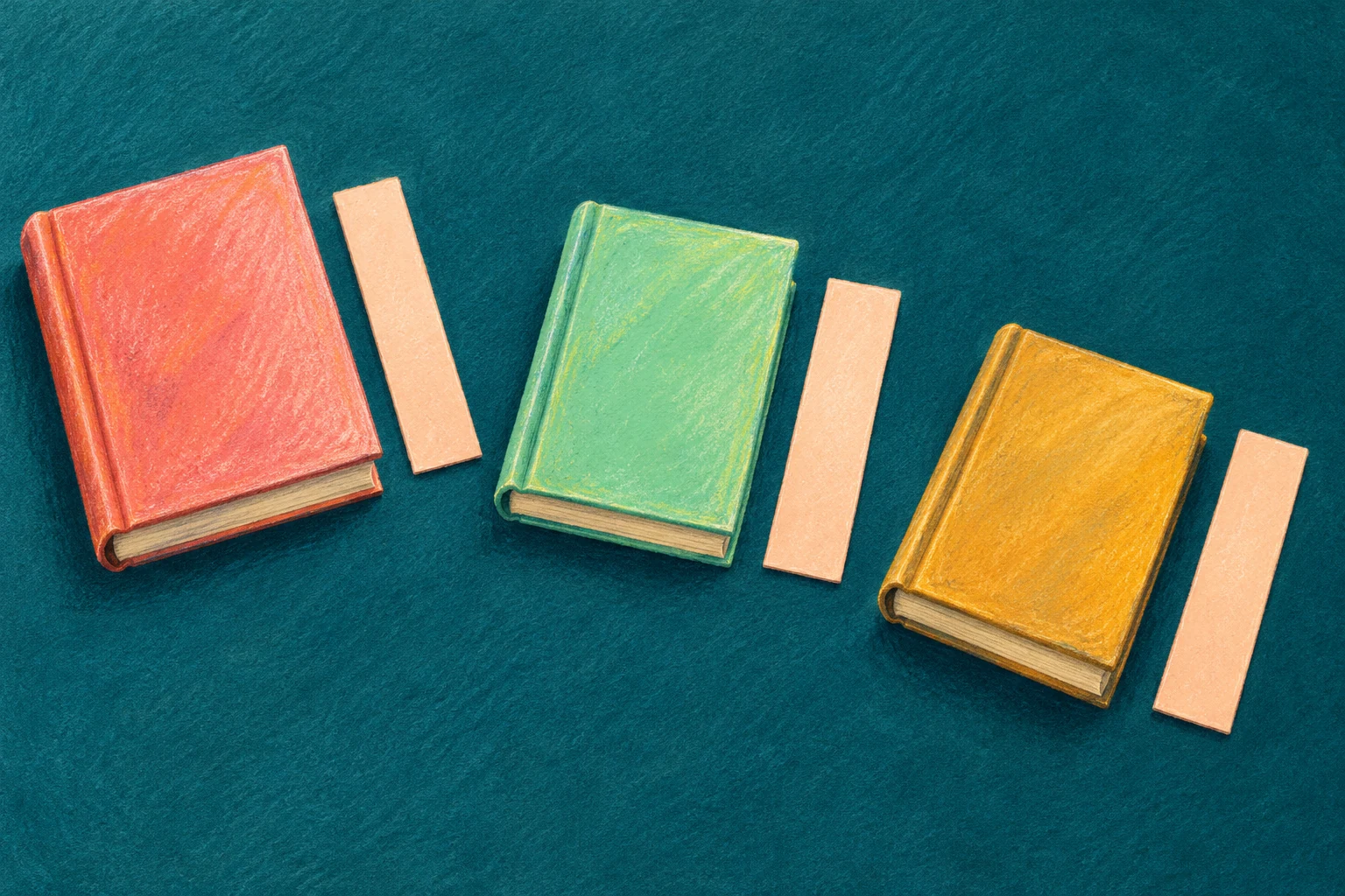 Connect one bookmark with each book Three closed books with coral, mint and ochre covers each have one broad pale paper strip beside them.